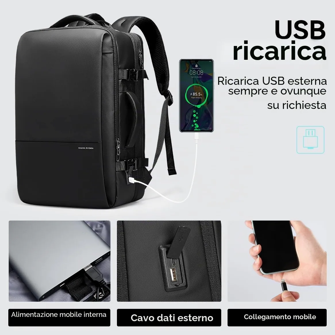 MARK RYDEN 30-45L Zaino da viaggio per affari, borsa a tracolla espandibile, zaino multifunzionale per l'umidità e l'asciutto, borsa per computer da 17,3", borsa a mano