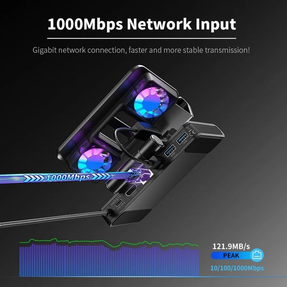 Docking station portatile con doppie ventole di raffreddamento 4K@144Hz per Steam Deck per legion Go -X 100W PD USB-C Hub Nero (nero)