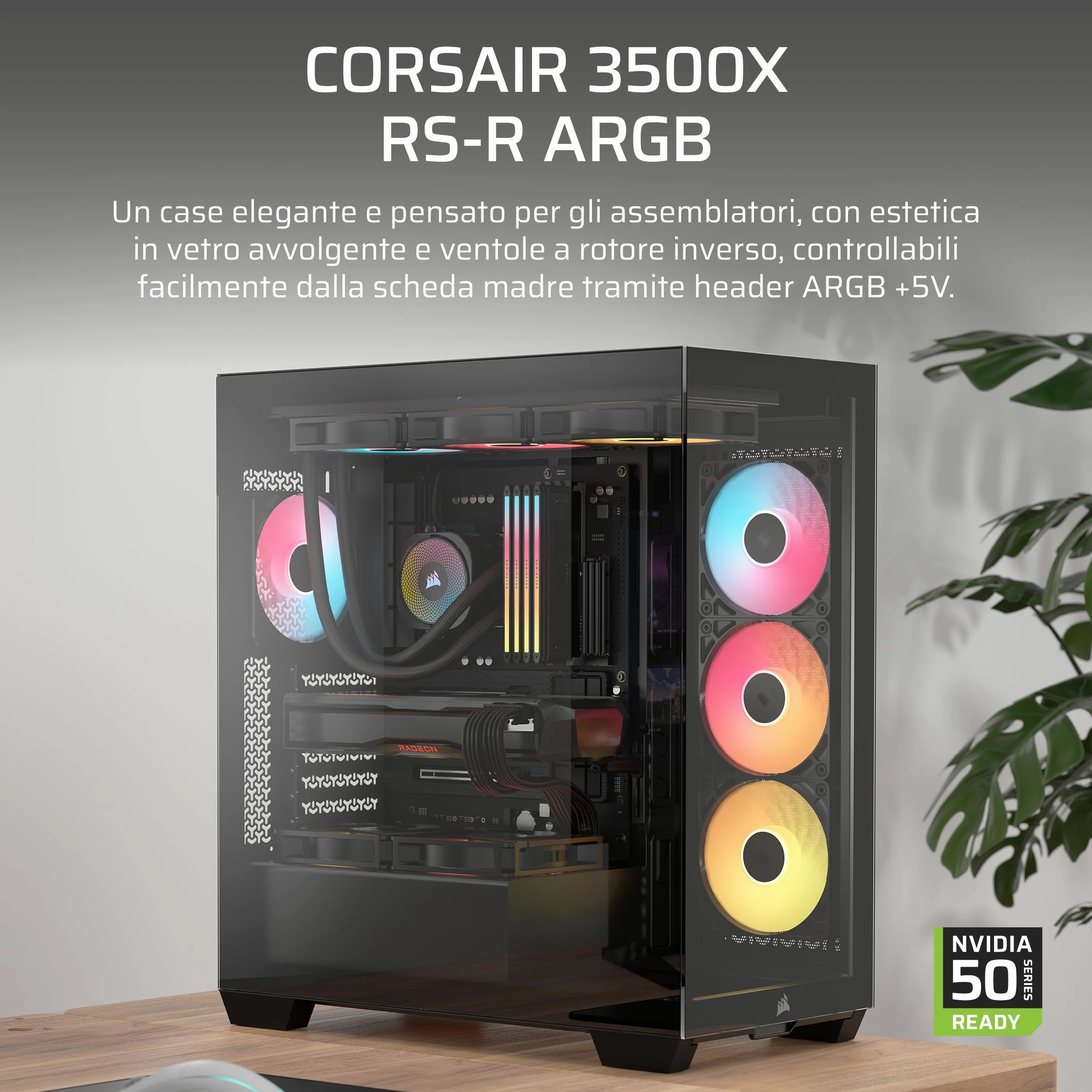 CORSAIR 3500X RS-R ARGB Case PC Mid-Tower Panoramico – 3 Ventole RS120-R ARGB Preinstallate, Compatibile con Fino a 10 Ventole da 120 mm, Scheda Madre con Connessione Inversa Compatibile – Nero