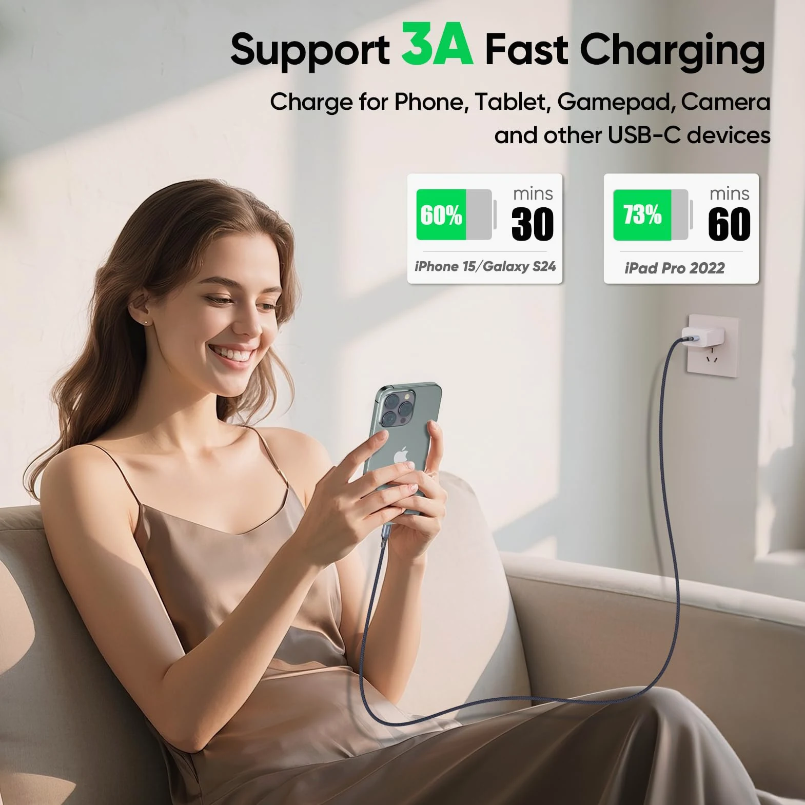 Cavo USB C lungo 4,6 m, trasferimento dati ad alta velocità 10 Gbps e cavo di ricarica rapida da 60 W, USB 3.2 Gen2 a Tipo-C in alluminio intrecciato per Galaxy S25/24, iPhone 16/15, controller Xbox