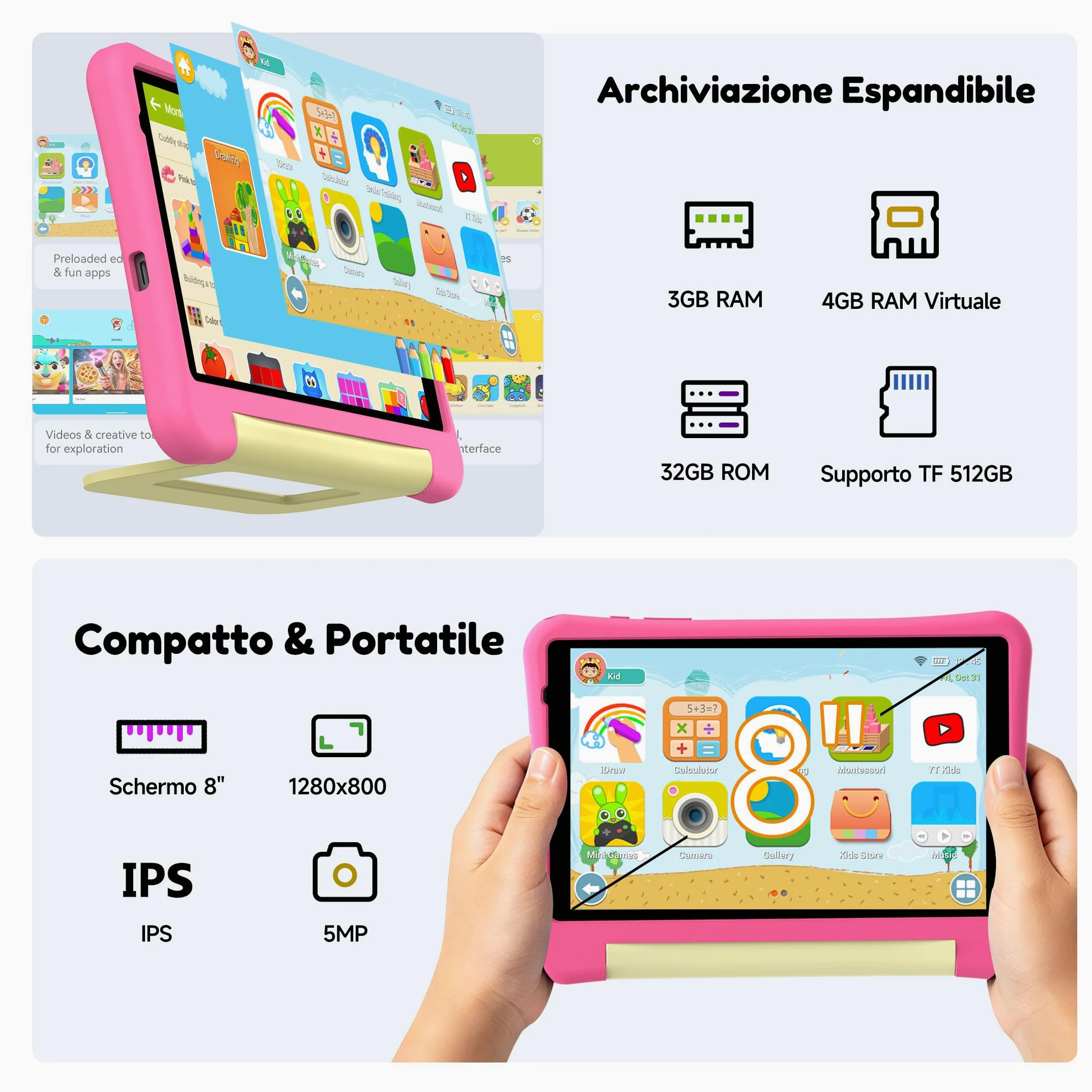 ALLDOCUBE Kido Tablet Per Bambini 8 Pollici, Android 15 Go, 32GB ROM, Rosa | Controllo Parentale, iWaWa preinstallato, 512GB TF, Unisoc T310, 5000mAh, 2 Altoparlanti, Jack 3,5mm, Cover Anticaduta
