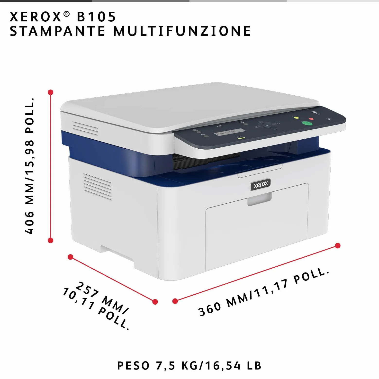 Xerox B105 Stampante Multifunzione Wireless – Laser monocromatica compatta All-in-One, stampa/scansione/copia, A4, ideale per scrivania in home office e piccoli team, compatibile mobili, Wi-Fi, EU
