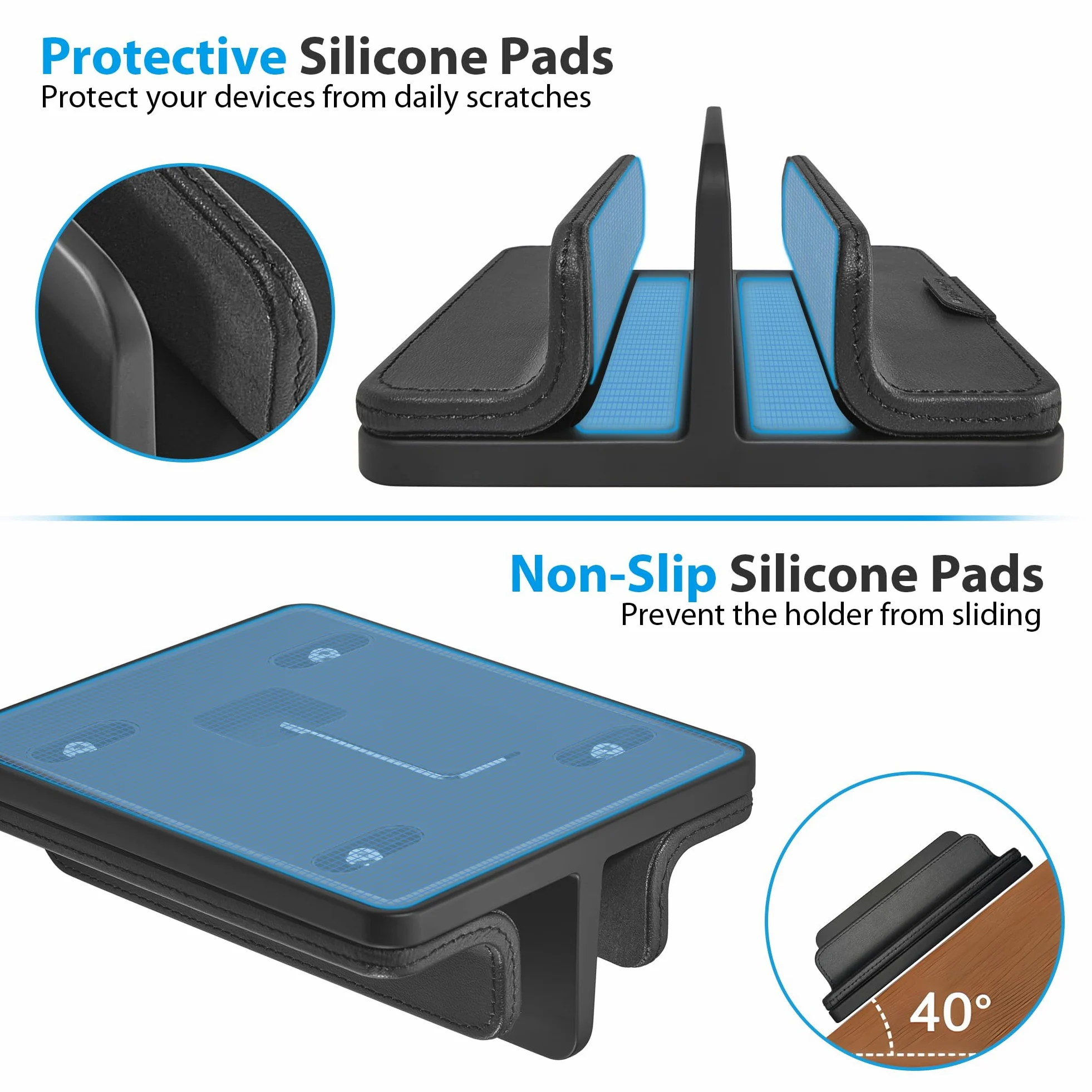Supporto verticale doppio per laptop, 3 in 1, supporto verticale da scrivania con dock regolabile (fino a 43,3 cm), organizer da scrivania in pelle per telefono, tablet, MacBook, HP, Dell, Chrome Book