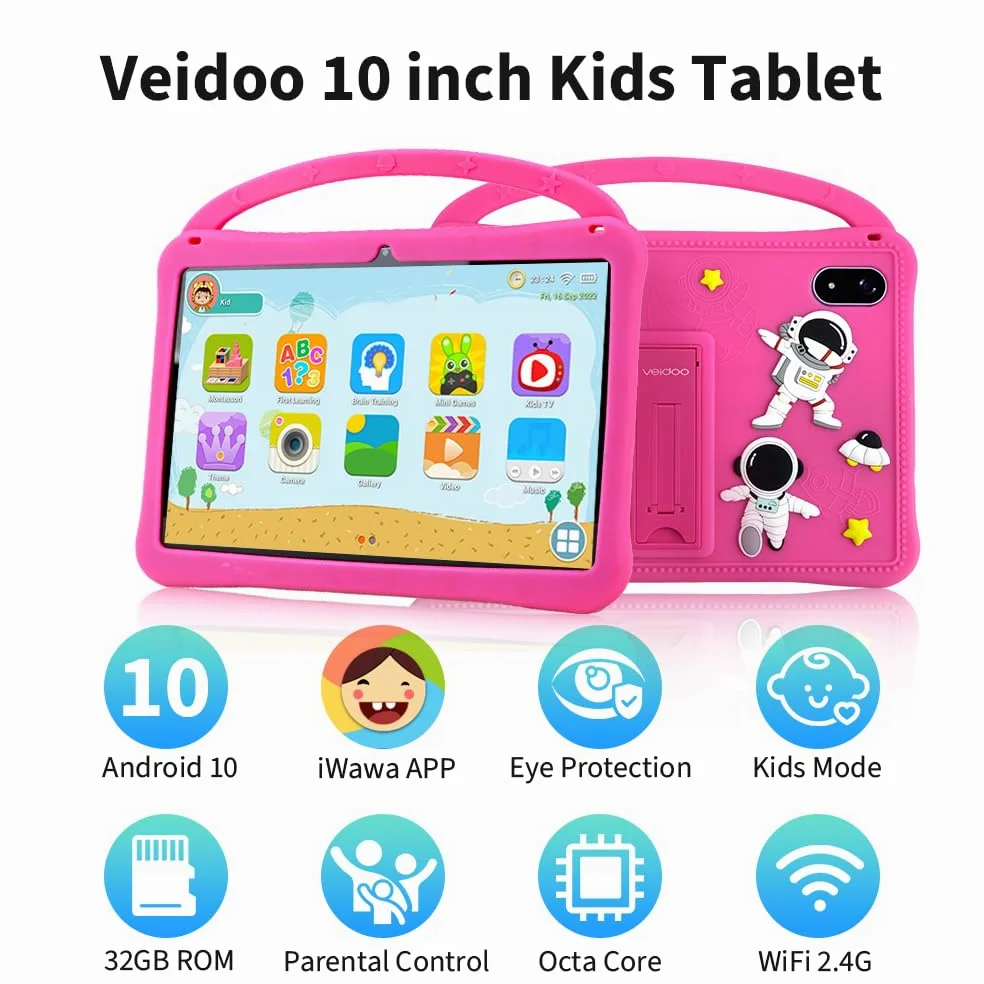 Veidoo Tablet Android da 10 pollici per bambini, 3 GB di RAM+32 GB ROM, tablet con custodia antiurto, WiFi, doppia fotocamera, schermo HD IPS, app per il controllo genitori, stilo incluso, giochi