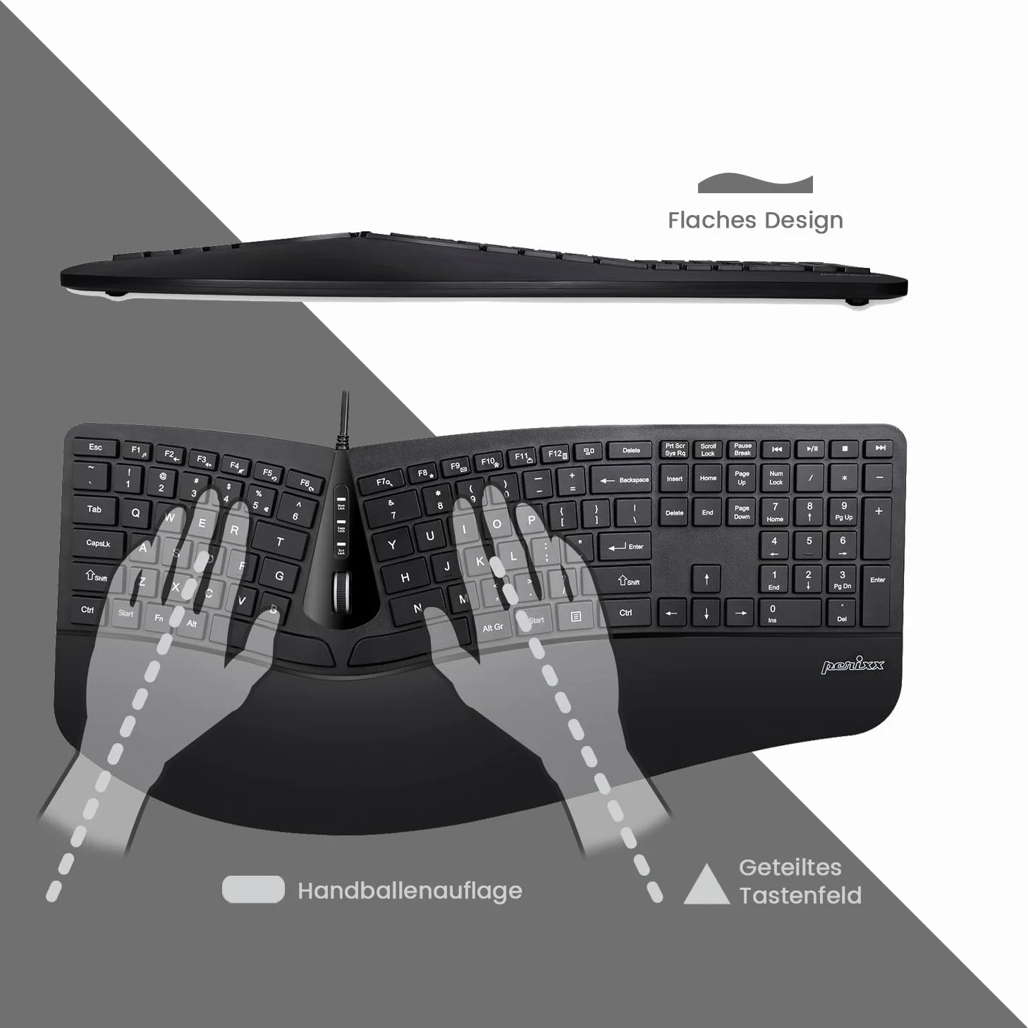 Perixx Periduo-505 - Tastiera ergonomica con mouse verticale, tastiera divisa, rotella di scorrimento a 4 vie, poggiapolsi personalizzabile, tasti piatti, con cavo USB, QWERTZ