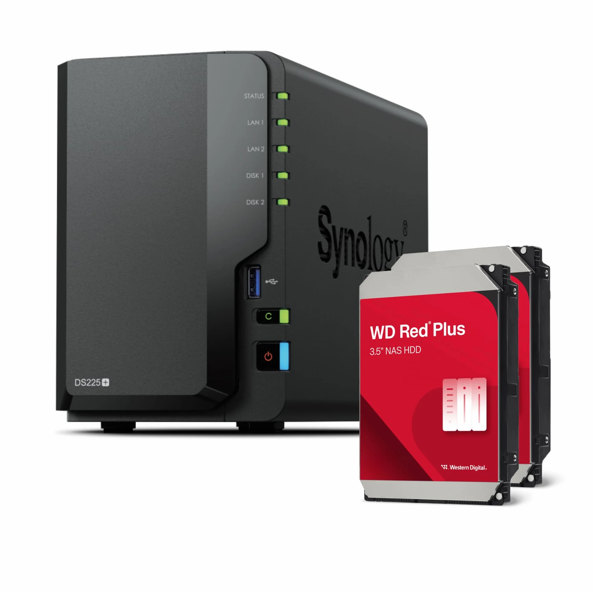 Synology DS225+ Bundle 16TB Western Digital (WD Red Plus 2x8TB) 2-Bay Plus Serie - Intel Celeron J4125 Quad-core, 2 GB Non-ECC DDR4 SODIMM 1 x 2,5 GbE e 1 x 1 GbE RJ-45 porta LAN