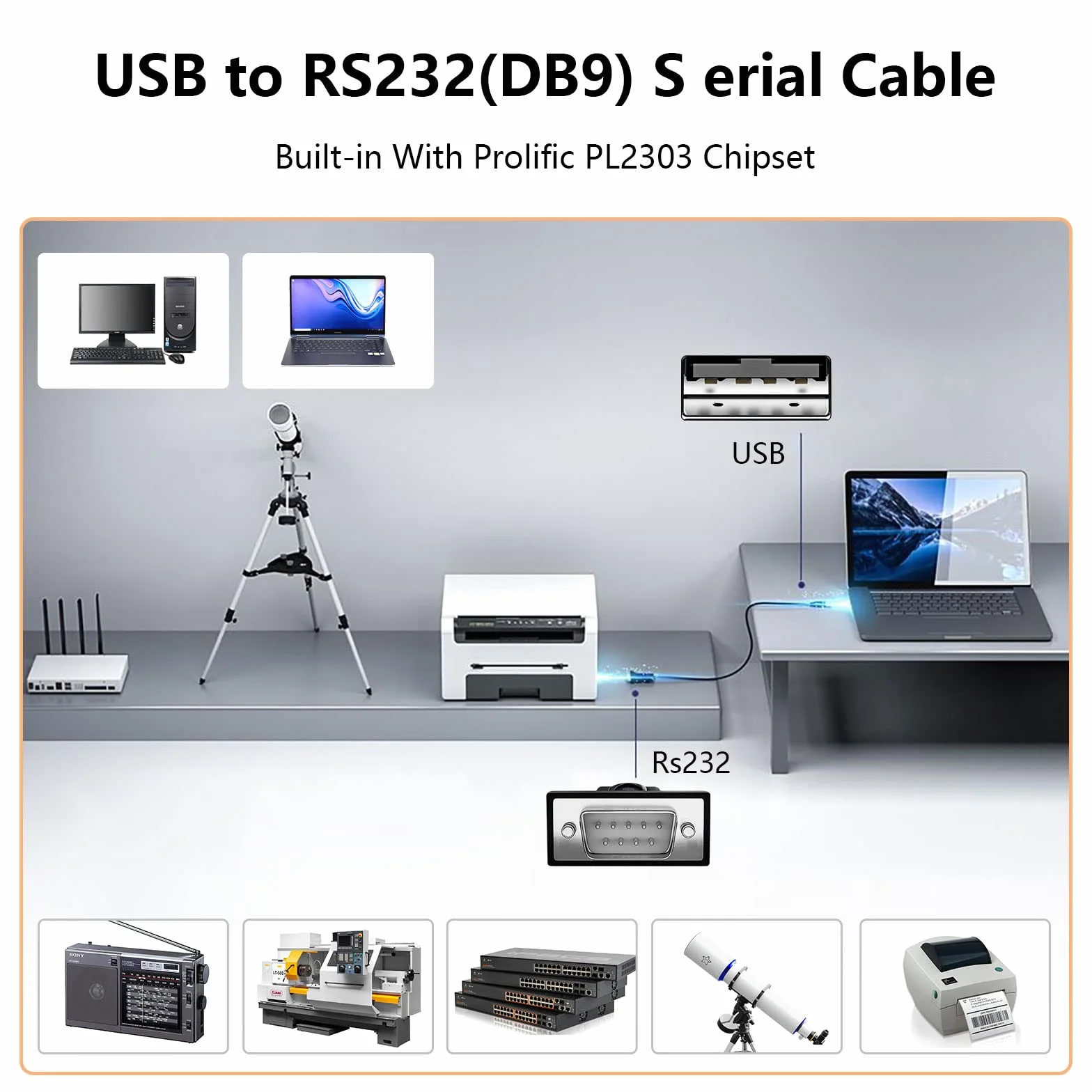 Cavo USB a seriale R/S/232, cavo seriale da USB a DB9 maschio con chipset PL2303 Adattatore da USB a seriale R/S-2/32 a 9 pin per Windows 11/10/8.1/7/Vista/XP e Mac OS (1.5 m)