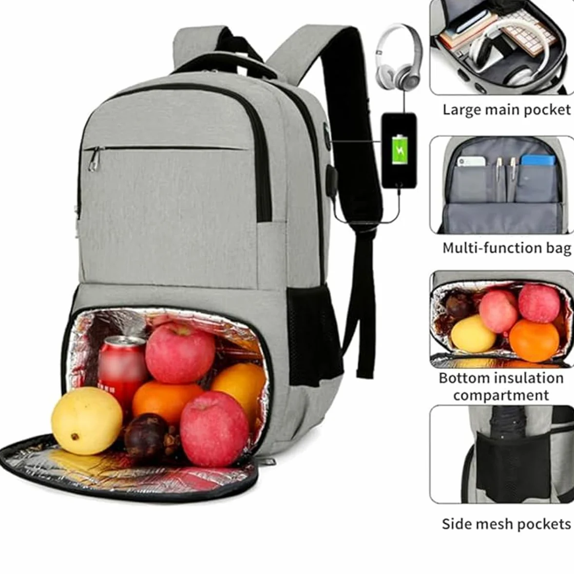 Zaino termico per pranzo da uomo e donna, zaino per il pranzo, zaino per computer portatile con porta di ricarica USB, zaino da viaggio con borsa termica