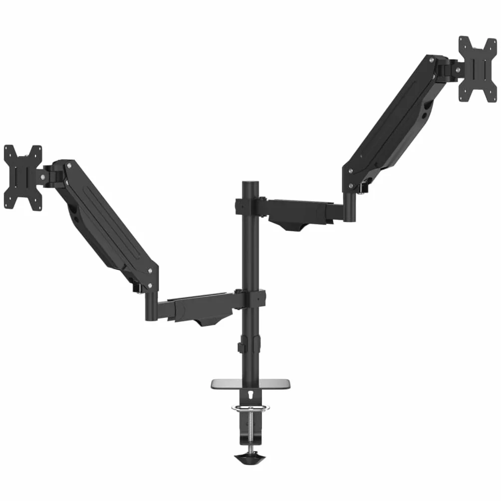 Doppio braccio monitor per max 27 pollici molla a gas 20 kg | VESA 75 x 75, 100 x 100, acciaio, morsetto a C, passacavi, rotazione a 360 gradi