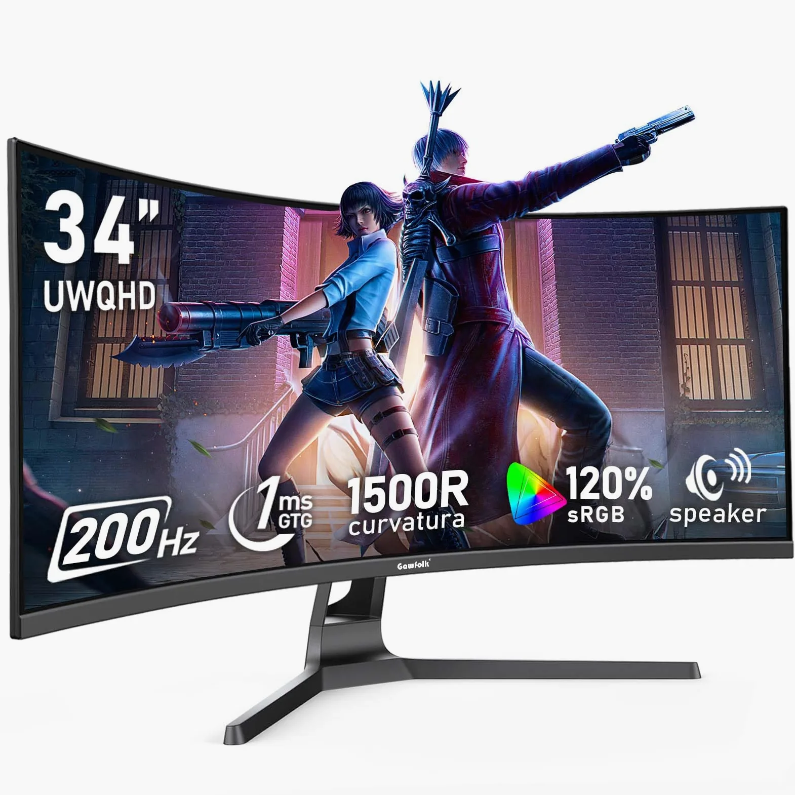 Gawfolk Monitor per computer da gioco da 34 pollici, ultra largo curvo da 200 Hz, display PC 1500R 21:9 UWQHD (3440 x 1440), 120% sRGB, sincronizzazione adattiva, altoparlante integrato