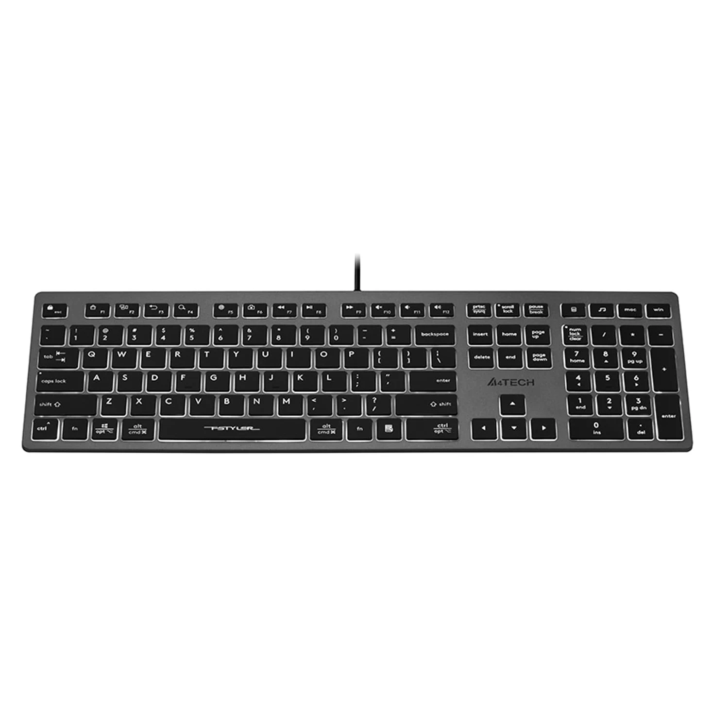 A4tech FX60H Tastiera da gioco QWERTY 12 tasti di navigazione multimediale 2 porte USB Plug & Play Porta USB cablata Lunghezza cavo 1,5 m (Retroilluminazione bianca)