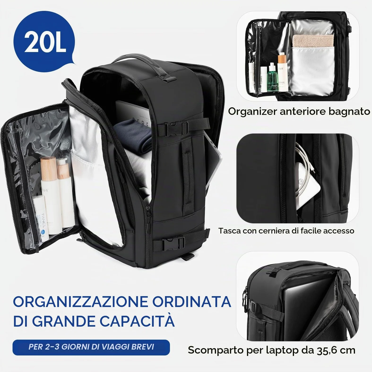 Zaino da viaggio, 20, 28 o 40 l, impermeabile, ideale come bagaglio a mano in aereo, adatto per viaggi, affari, lavoro, vacanze