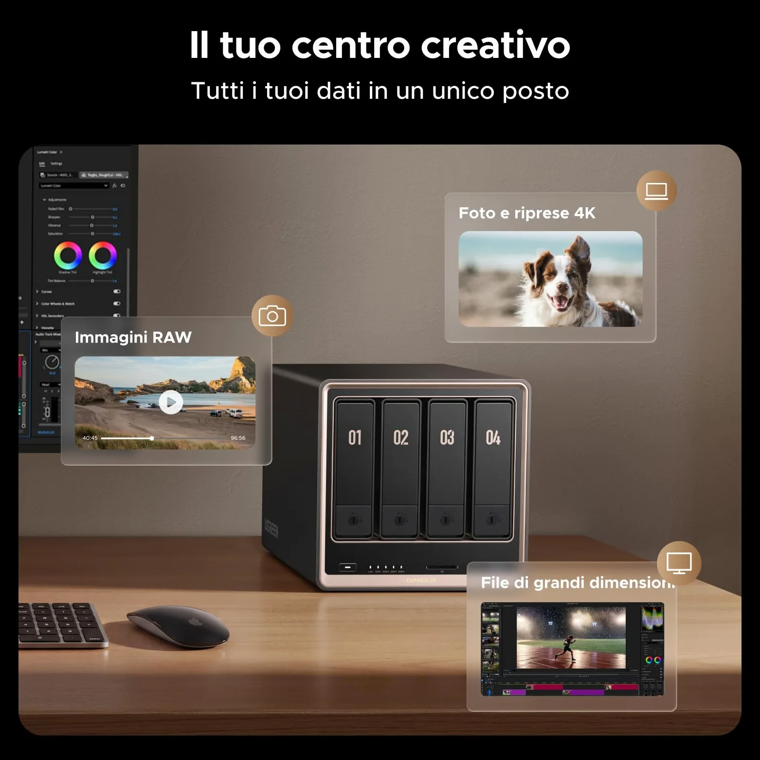UGREEN NASync DXP4800GT NAS Desktop 4-Bay, AMD Ryzen R2514, Dual 10GbE, 8GB RAM DDR4 (fino a 64GB), supporto ECC, slot U.2 e M.2, per creator, team e casa (Diskless)