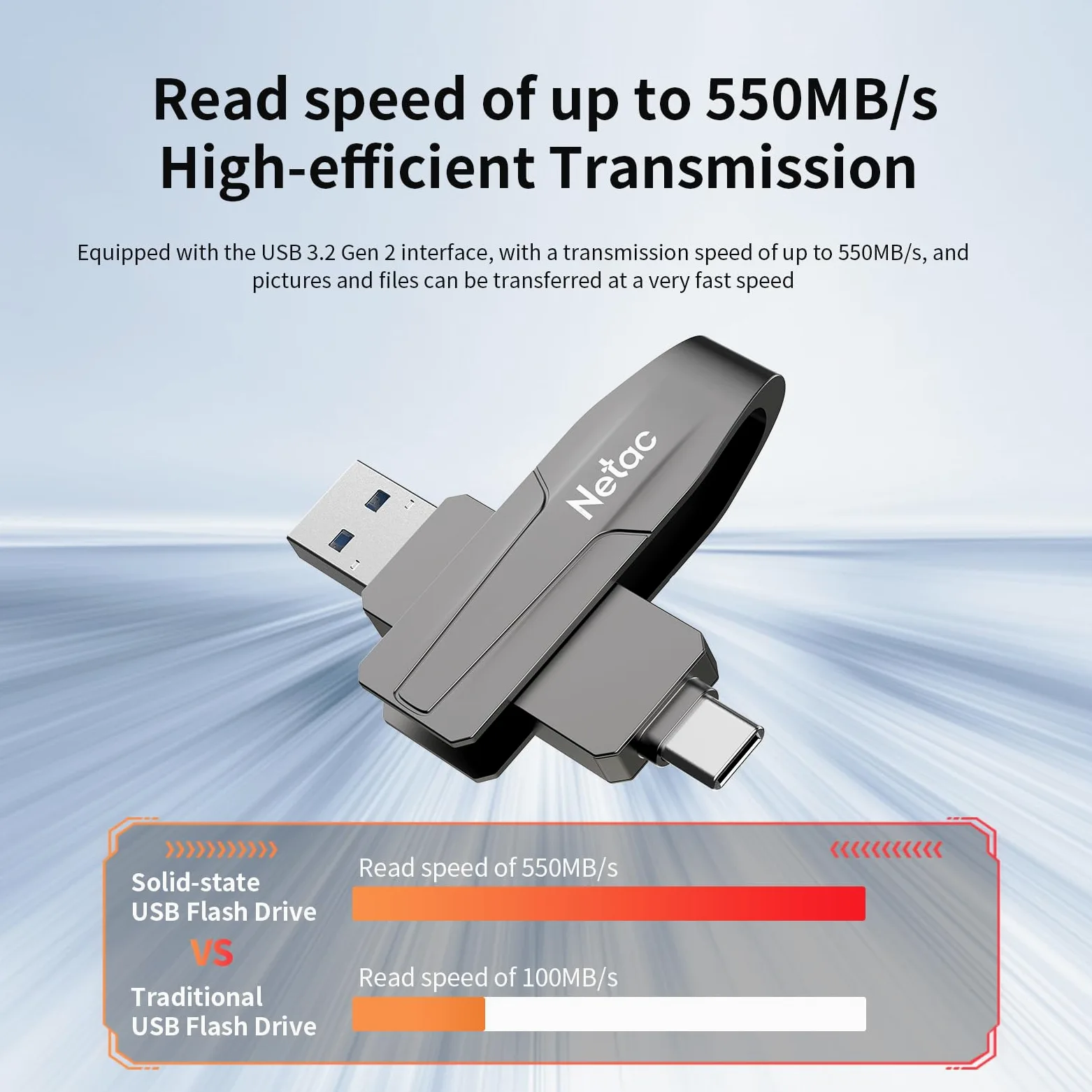 Netac Unità a stato solido USB esterna portatile da 256 GB, fino a 550 MB/s Type-c e USB 3.2 doppia interfaccia per archiviazione dati, espansione di archiviazione per foto/video/musica/file, US8