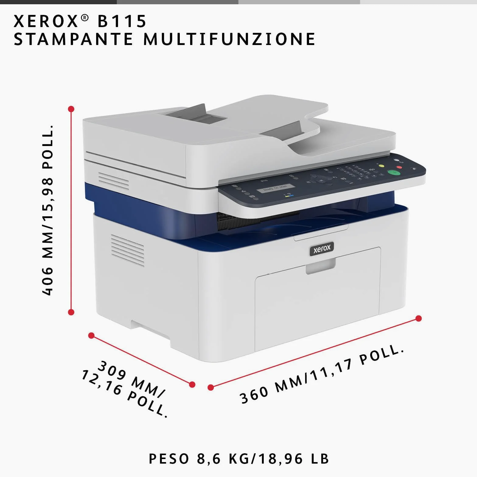 Xerox B115 Stampante Multifunzione Wireless – Laser monocromatica 4-in-1 All-in-One, stampa/scansione/copia/fax, A4, ideale per scrivania in home office e piccoli team, compatibile mobili, Wi-Fi, EU