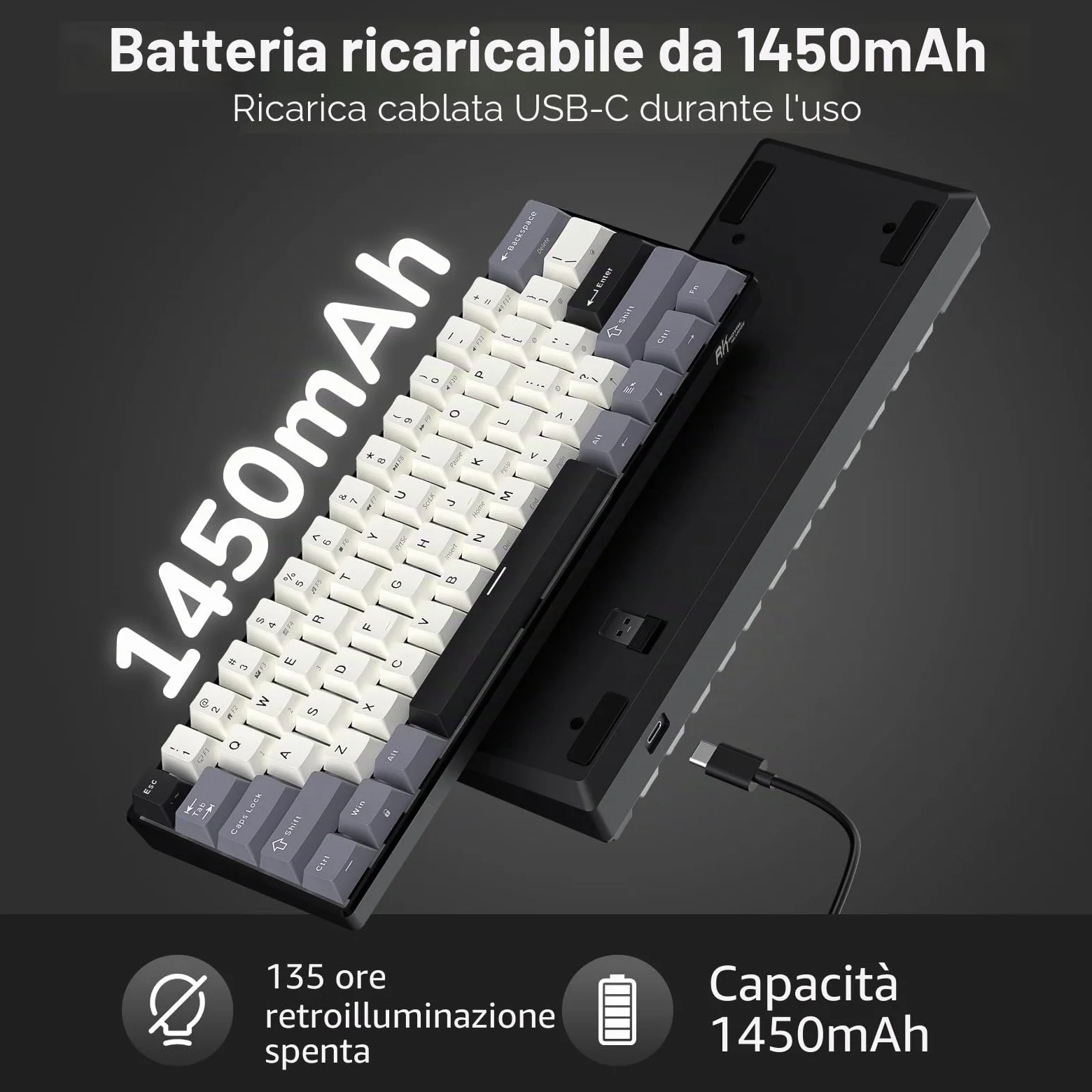 RK ROYAL KLUDGE RK61, tastiera meccanica wireless 60%, compatta, QWERTY | Tastiera da gioco compatta a 61 tasti, modalità tripla BT5.0/2.4G/USB-C, tasti PBT, software Pro, hot swap personalizzato
