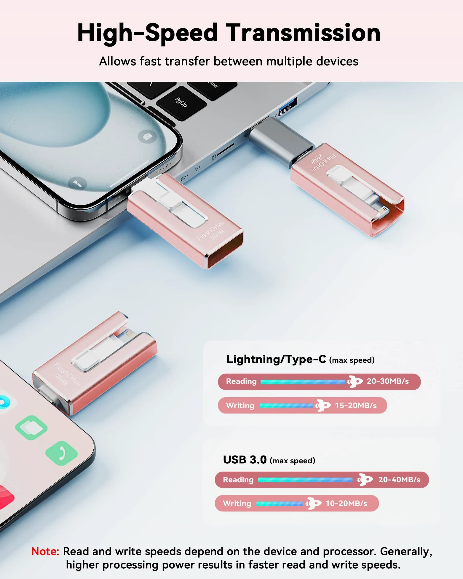 Chiavetta USB 3 in 1 certificata MFi per archiviazione di foto e video (rosa)