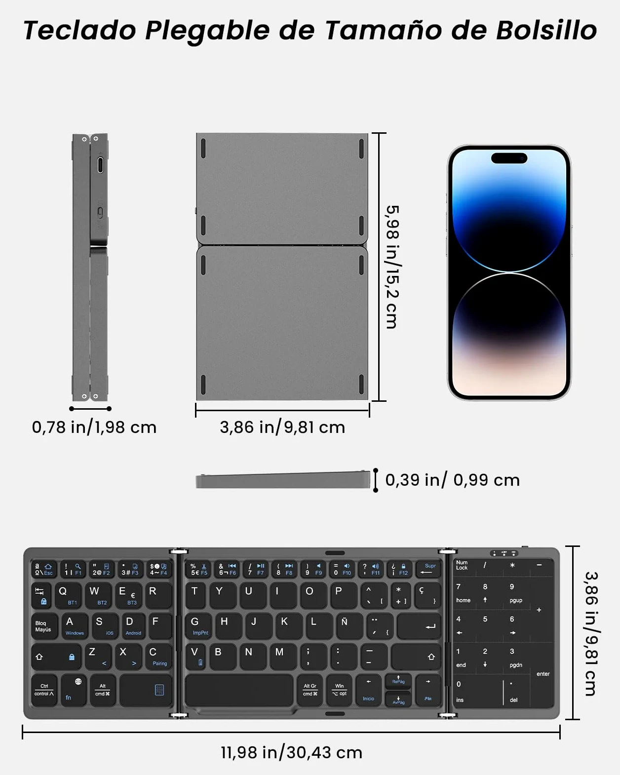 MoKo Tastiera Bluetooth Pieghevole, Spagnola Tastiera Portatile Pieghevole | con Touchpad e Tastiera Numerica, Wireless Tastiera Ricaricabile Multi-Dispositivo per Windows iOS Android Tablet/Phone
