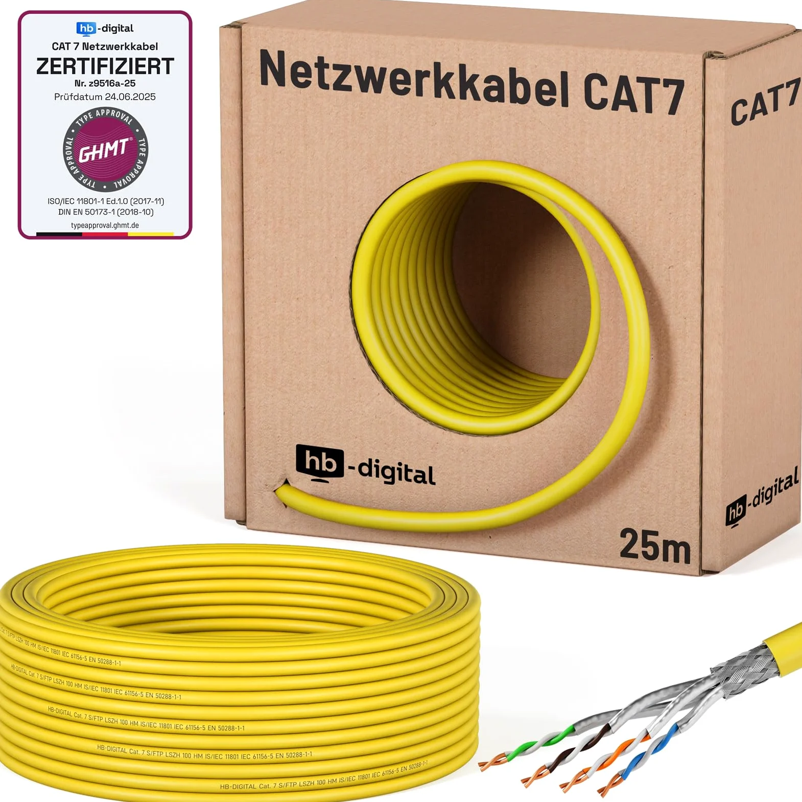 HB-Digital 25m Cavo di rete LAN CAT 7, cavo di posa, Ethernet, cavo di installazione, 10 Gbit/s, AWG23, S/FTP - Certificato GHMT - Rame puro, LSZH, cavo dati Simplex - Giallo