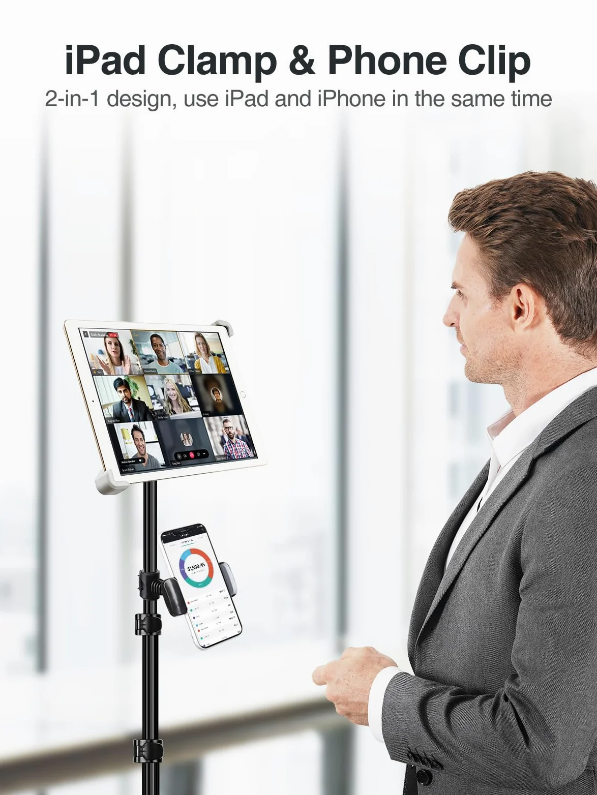 elitehood Treppiede per iPad, 165 cm, regolabile in altezza, supporto da pavimento per iPad con supporto girevole a 360°, per iPad Pro 12,9 11, iPad Air e tutti i tablet da 9,5-14,5 pollici