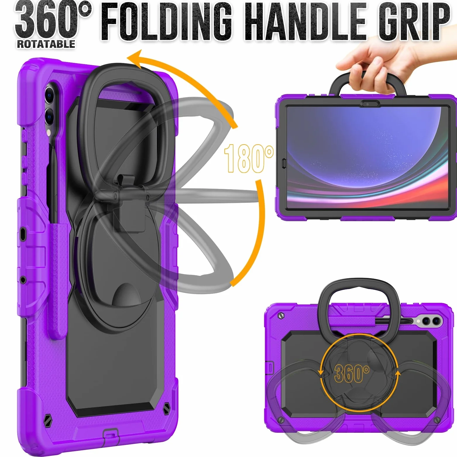 Custodia in TPU Resistente e Antiurto For Samsung Galaxy Tab S10 Plus 12.4" 2024 SM-X820/X826B/X828U For Bambini, Maniglia Girevole a 360 Gradi Staffa di Supporto W Protezione Schermo+Tracolla(Mor)