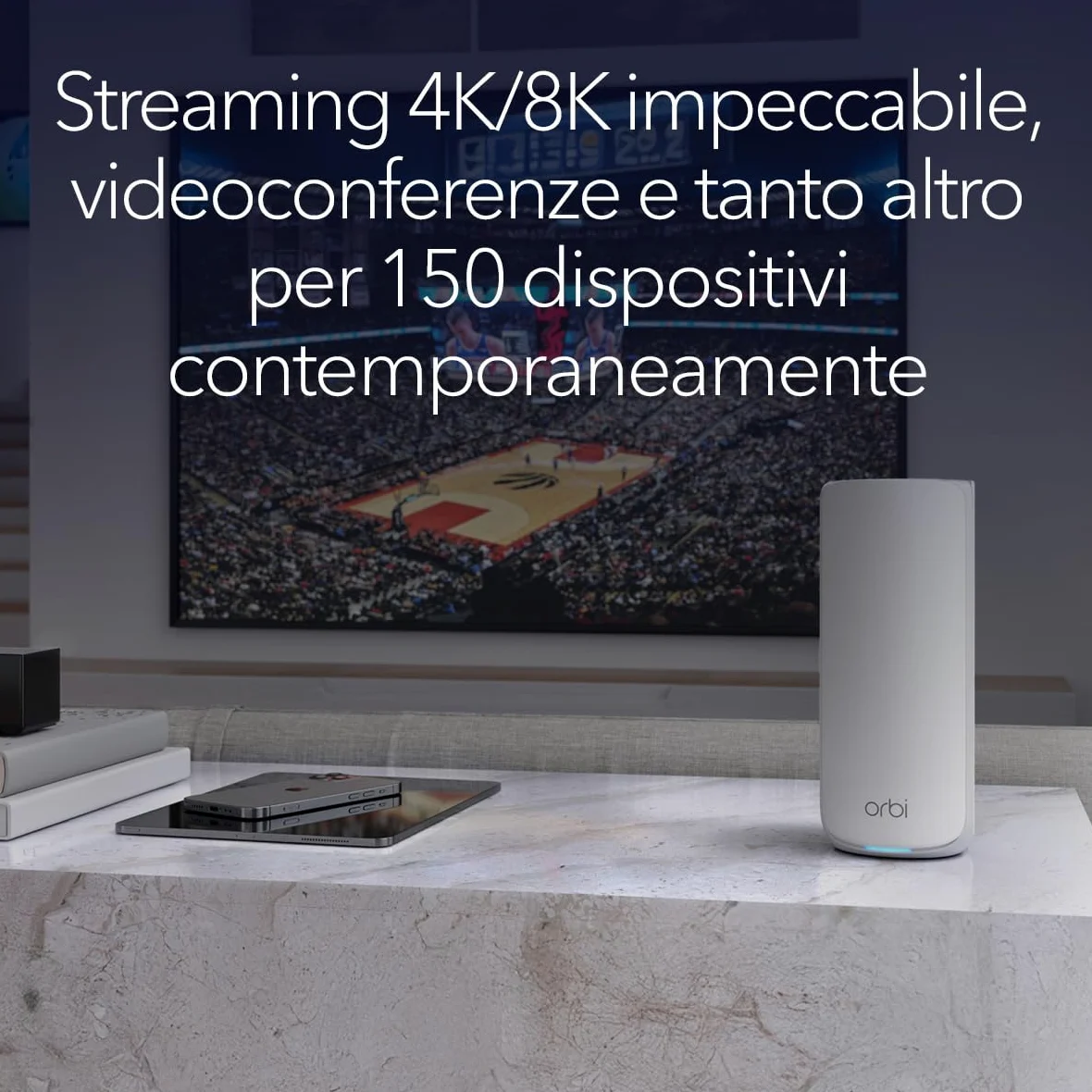 NETGEAR Orbi Serie 870 | WiFi 7 Mesh System| RBE873| Router wireless + 2 satellites| Fino a 21 Gbps | Copre 600 m² | Supporta 150 dispositivi| Porta Internet 10 GB | Tri-Band BE21000 | Kit da 3 Bianco