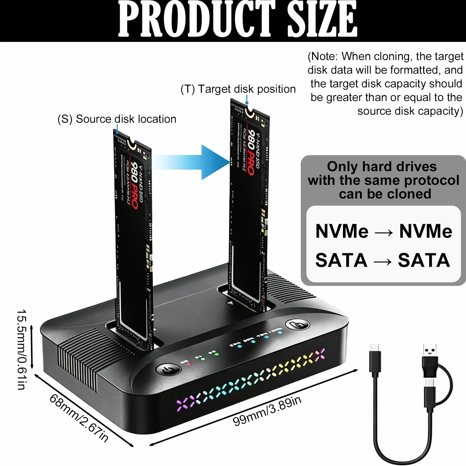M.2 NVMe SATA SSD Clone Dock, USB 3.2 Gen 2x2 20Gbps Dual Bay M2 NVMe SSD Case Docking Station Reader Duplicator con Clonazione Offline Hard Disk Docking Station Clone Station per 2230/2242/2260/2280