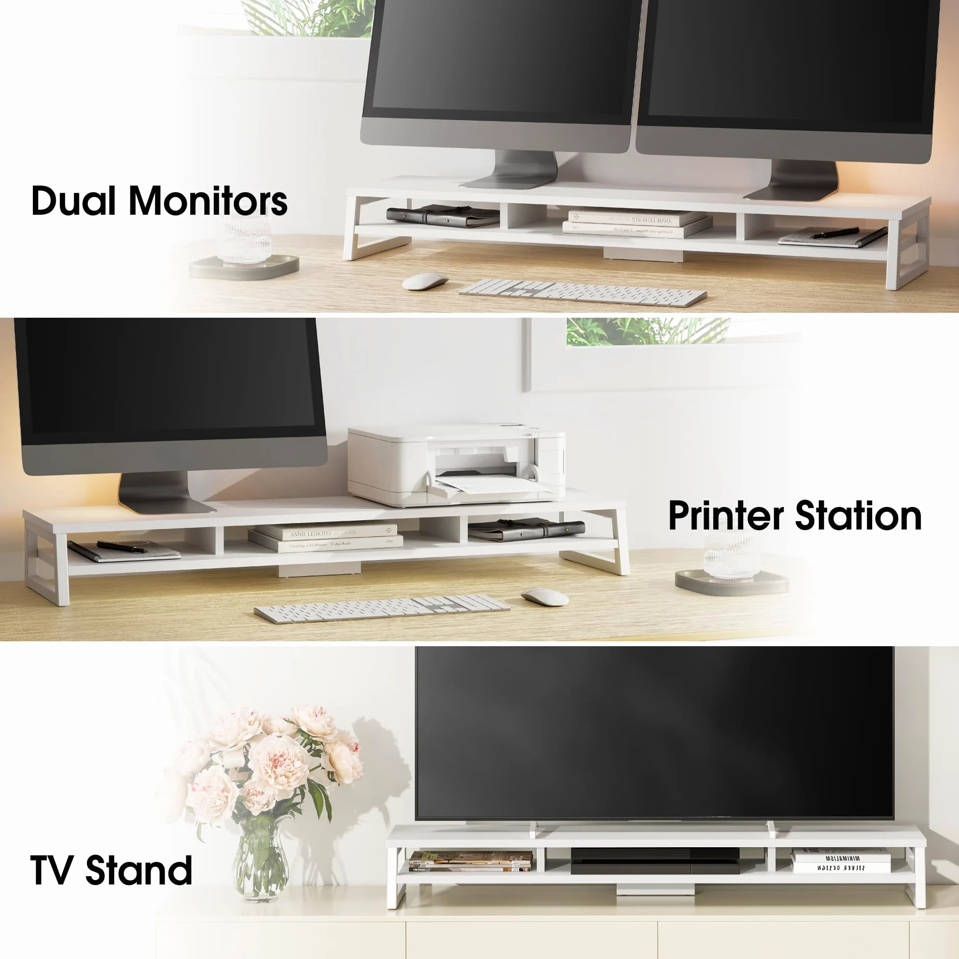 Fenge Supporto per Monitor per Computer in Legno con Struttura in Metallo, Rialzo per Monitor da Scrivania a 2 Livelli, Supporto Ergonomico per Laptop, PC, Computer, L108 x W25,5 x H13,7cm, Bianco