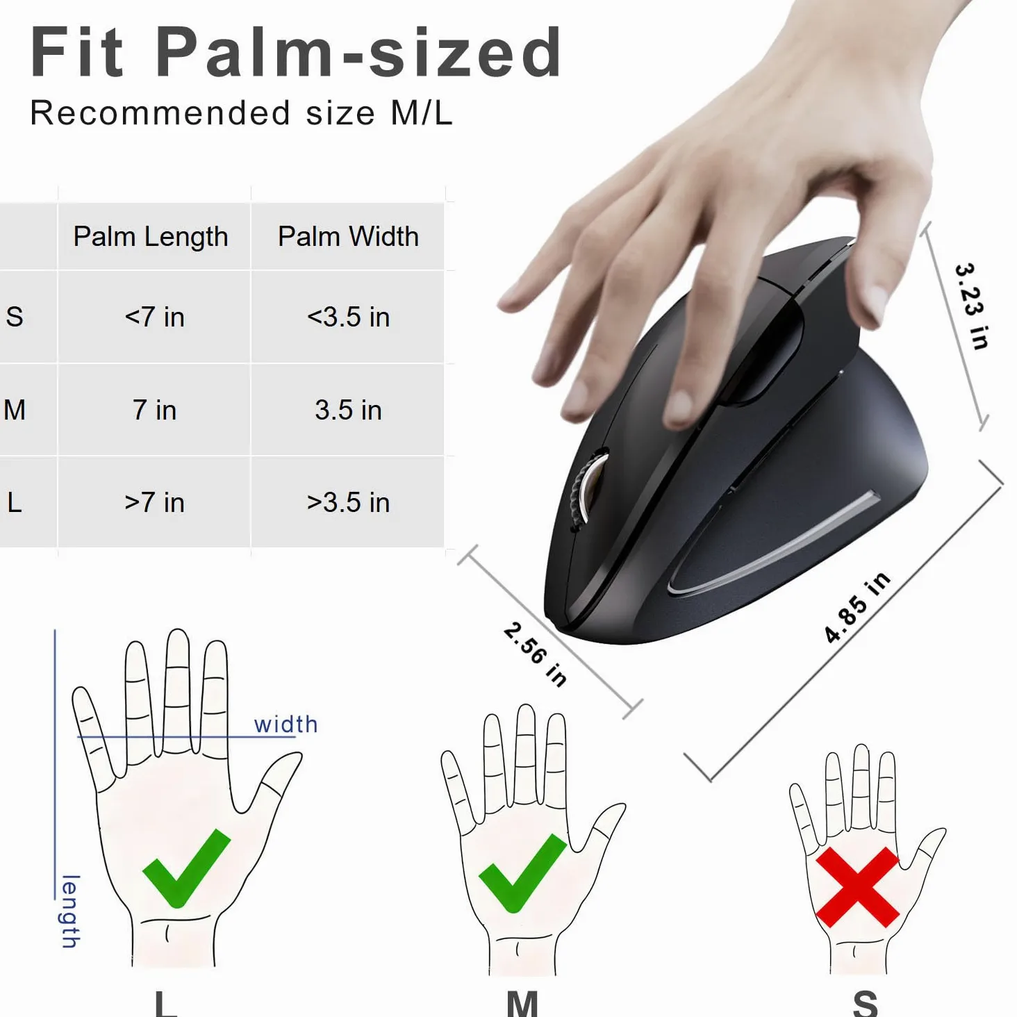 Mouse ergonomico senza fili, mouse verticale wireless USB 2.4G, DPI regolabile (800/1200/1600), clic silenziosi, 6 pulsanti per laptop, PC, Mac, desktop - nero