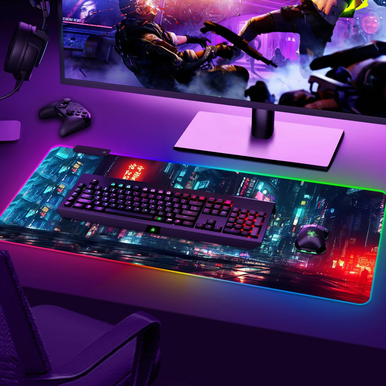 ARTSO Tappetino per mouse da gioco RGB, grande, morbido, esteso, con 14 modalità di illuminazione, 2 luminosità, resistente all'acqua, tappetino per mouse per computer, 89,9 x 40 cm, città notturna