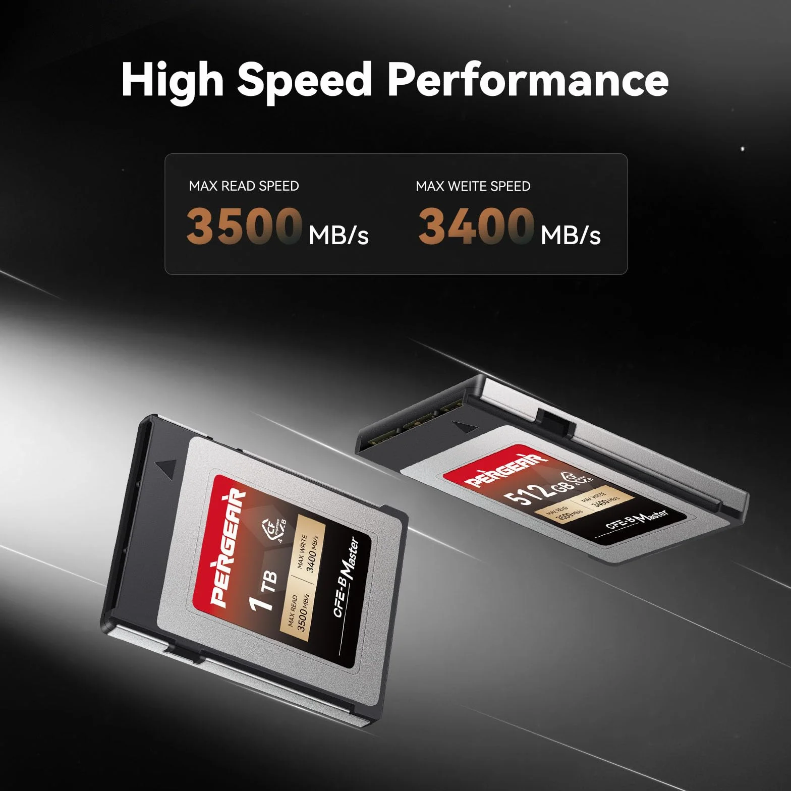 Pergear Schede di memoria CFexpress 4.0 da 512 GB, fino a 3500 MB/s di velocità di lettura e 3400 MB/s per registrazioni video RAW 8K (Master Series), per fotocamera DSLR R5/R5C/Z8/Z9/Z7 II