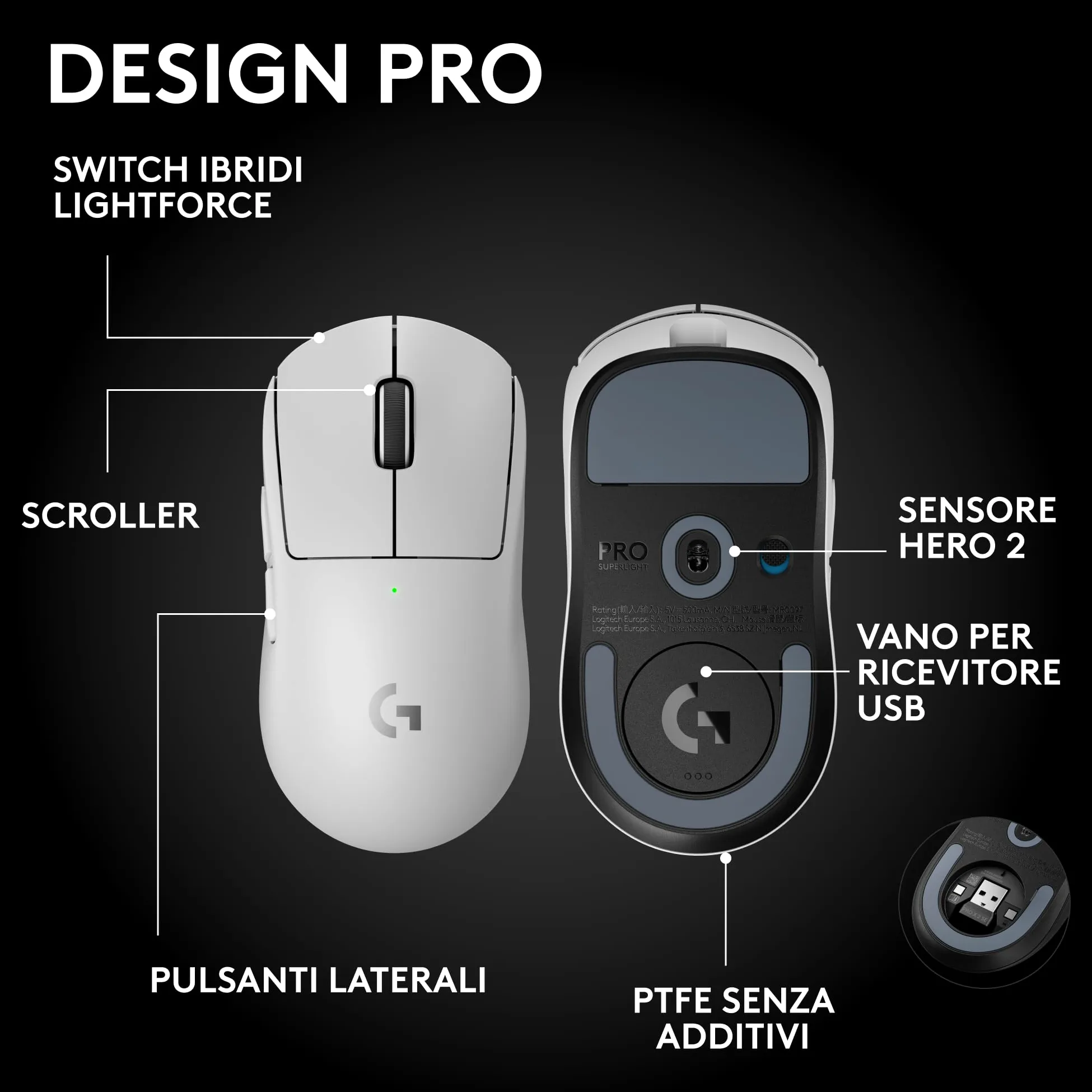 Logitech G PRO X SUPERLIGHT 2 SE mouse gaming wireless, mouse Pro-Grade da 60 g con 5 pulsanti programmabili, sensore a 44.000 DPI, >888 IPS, velocità di aggiornamento 1 kHz, USB-C, PC/Mac - Bianco