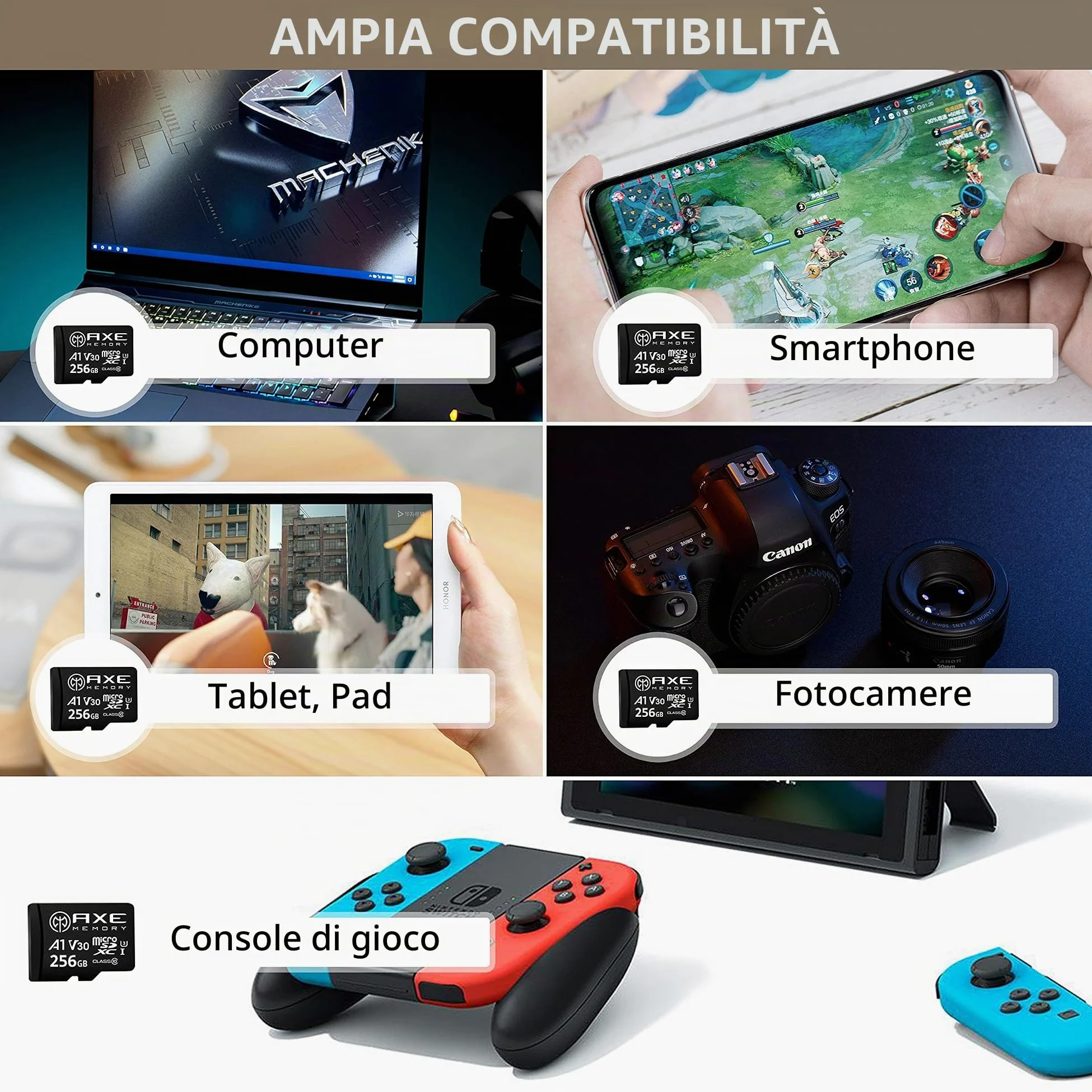 AXE MEMORY Scheda Micro SD 256 GB, Memoria MicroSDXC per Nintendo-Switch, GoPro, Drone, Smartphone, Tablet, 4K Ultra HD, A1 UHS-I U3 V30 C10, Lettura Fino a 95 MB/s, con Adattatore SD