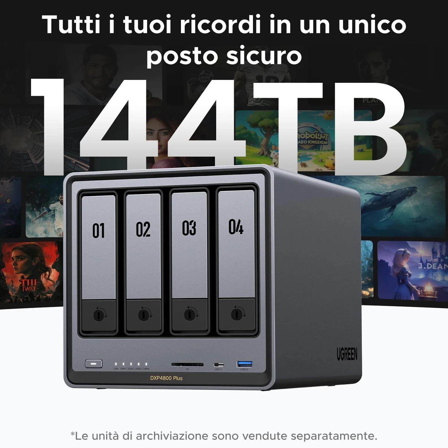 UGREEN NASync DXP4800 Plus, NAS desktop a 4 bay, CPU Intel Pentium Gold 8505 a 5 core, RAM DDR5 da 8 GB, SSD da 128 GB, 1 * 10 GbE, 1 * 2,5 GbE, 2 * slot M.2 NVMe, HDMI 4K (senza disco)
