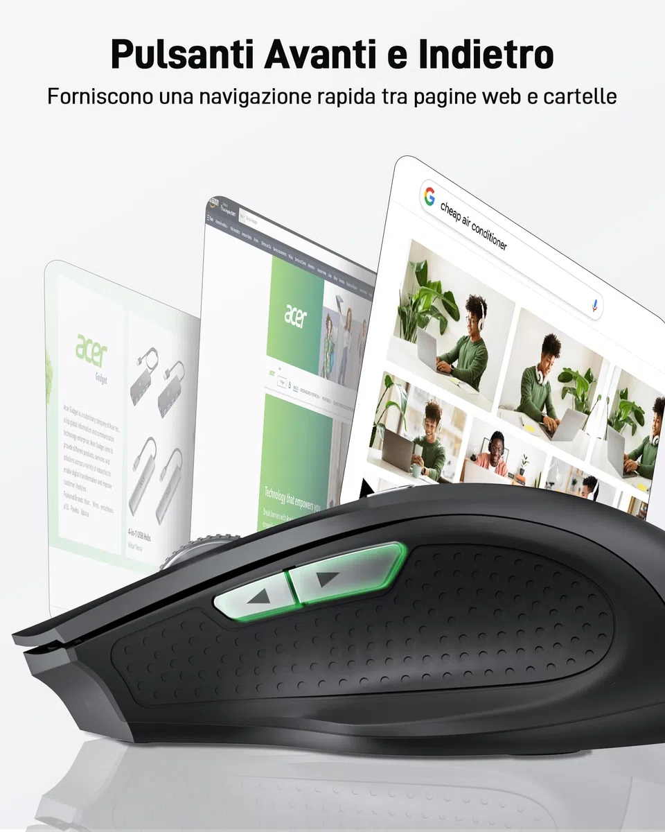 Acer Mouse Senza Fili, Mouse Wireless USB 2,4 GHz, Mouse Computer Ergonomico Con Mini Ricevitore USB, 6 Pulsanti, 1600 DPI, Compatibile con Laptop, PC, Mac, Chromebook