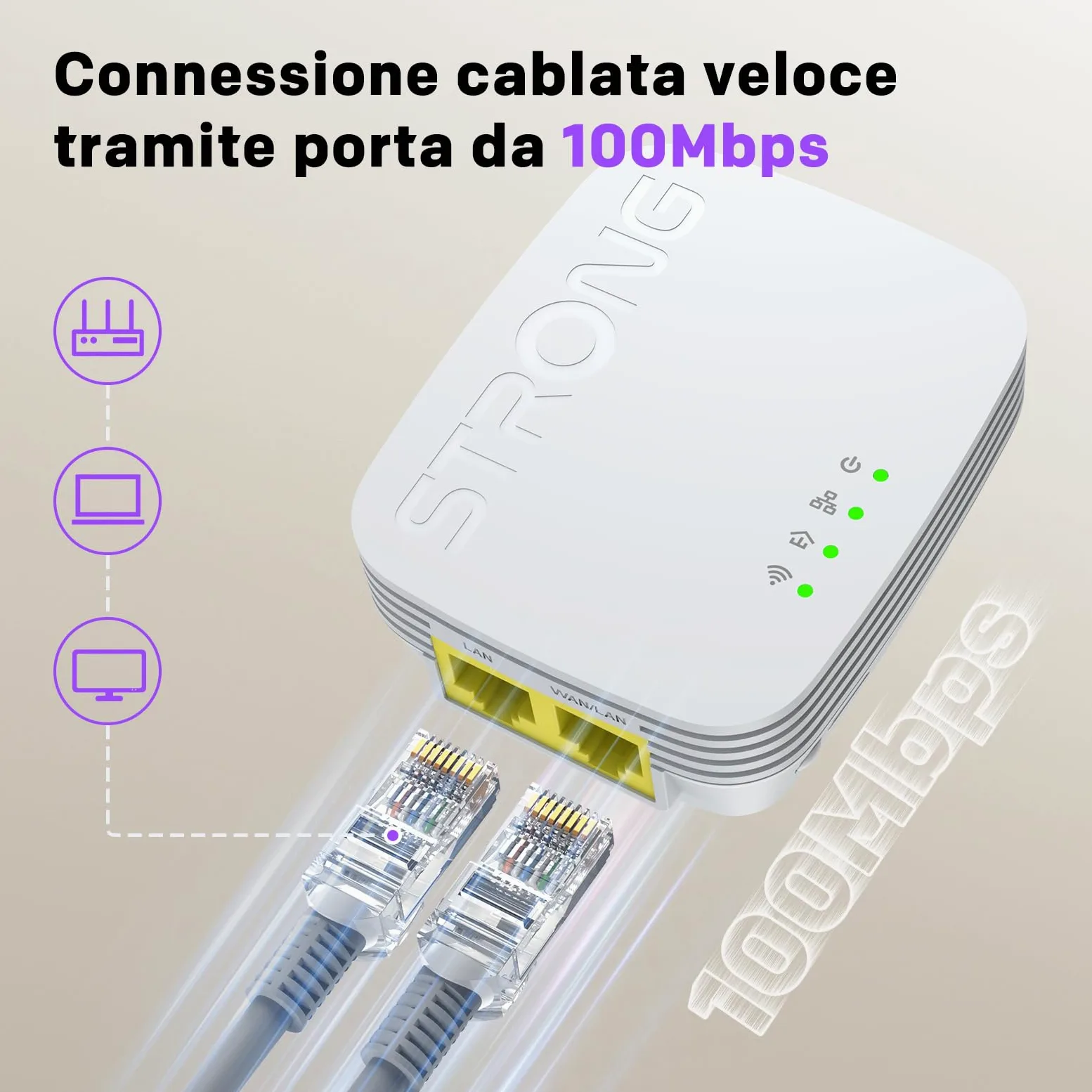 STRONG - Powerline Wifi 600 Duo Mini - 2 Adattatori 600 Mbps/Wifi 300 Mbps - Compatibile con Tutti i Modem/Router - Ethernet - Installazione rapida - Bianco