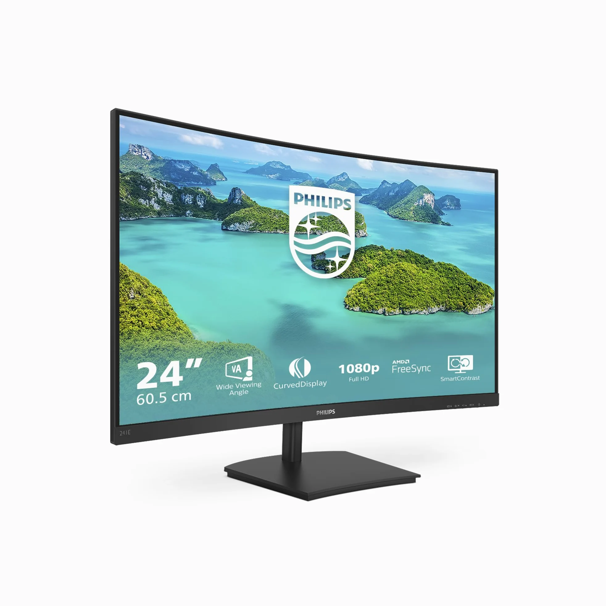 Philips 241E1SCA 24" Gaming Monitor Curvo Freesync 75 Hz LED VA FHD, 4ms, 3 Side Frameless, Casse Audio Integrate, Low Blue Mode, Flicker Free, HDMI, VGA, VESA, Nero