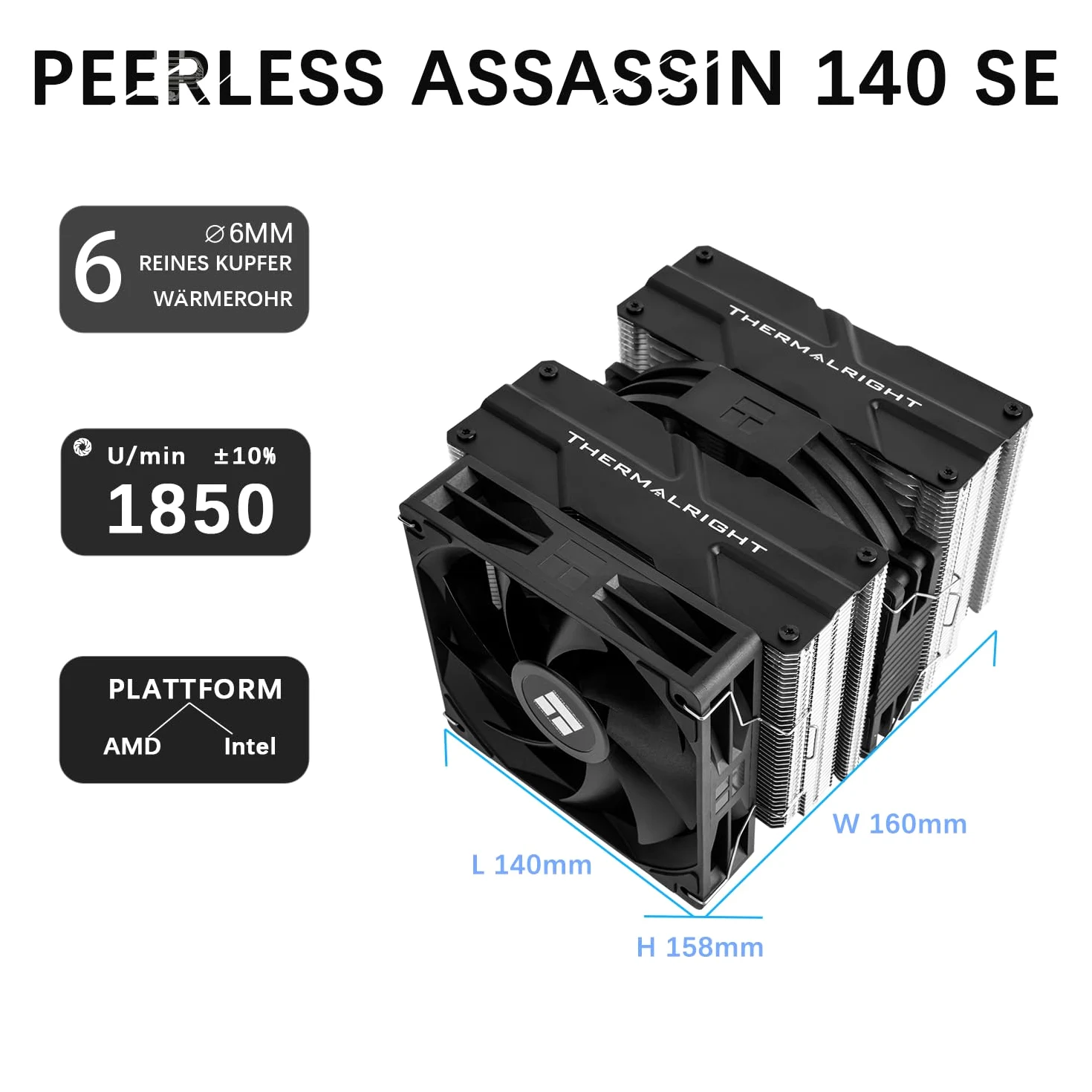TR-Thermalright Peerless Assassin 140 SE CPU, Dual Tower e ventola con heatpipes da 6 x 6 mm, ventola PWM da 120 mm con 1850 RPM, per AM5/AM4, Intel LGA1851/1700/1150/1151/1200