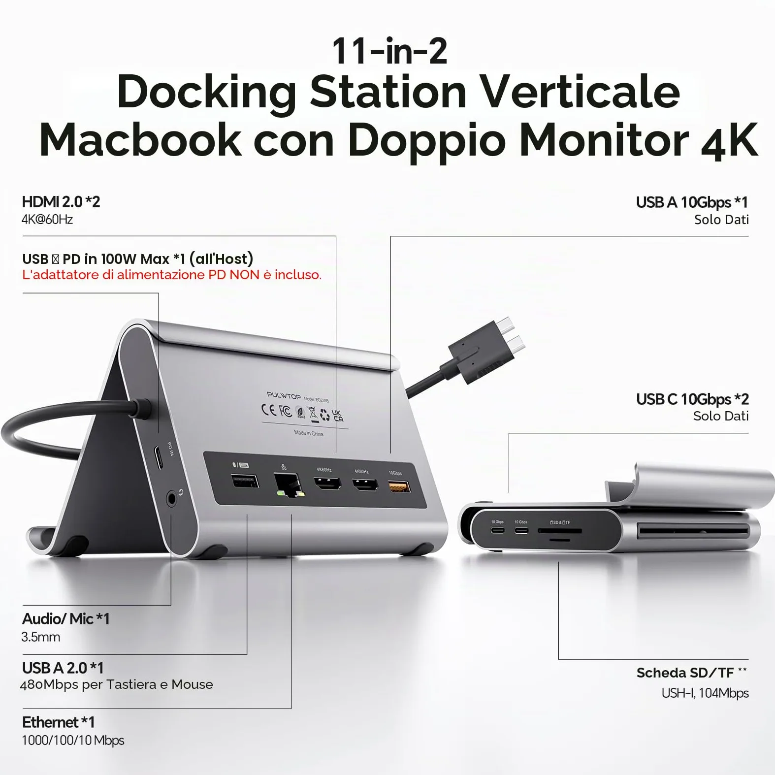 MacBook Docking Station Dual Monitor 4K@60 Hz per MacBook Pro/Air M3 Pro/M4/M5 Pro/Max, Docking Station USB C per laptop con 2 HDMI, PD, Ethernet, USB A/C 10 Gbps, audio, SD/TF, USB 2.0