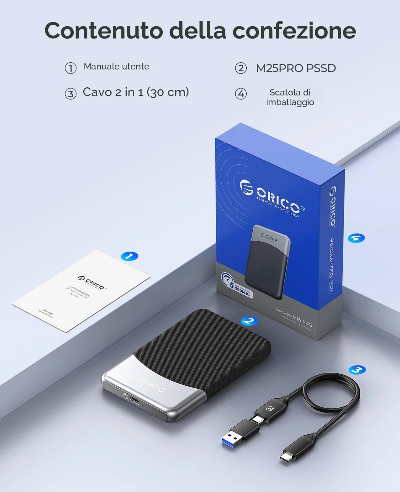 ORICO 1TB SSD esterno con cavo USB C 2 in 1, unità portatile a stato solido USB 3.2 Gen 1 fino a 460MB/s, archiviazione affidabile per smartphone USB-C, PC, tablet, Labtop - M25PRO