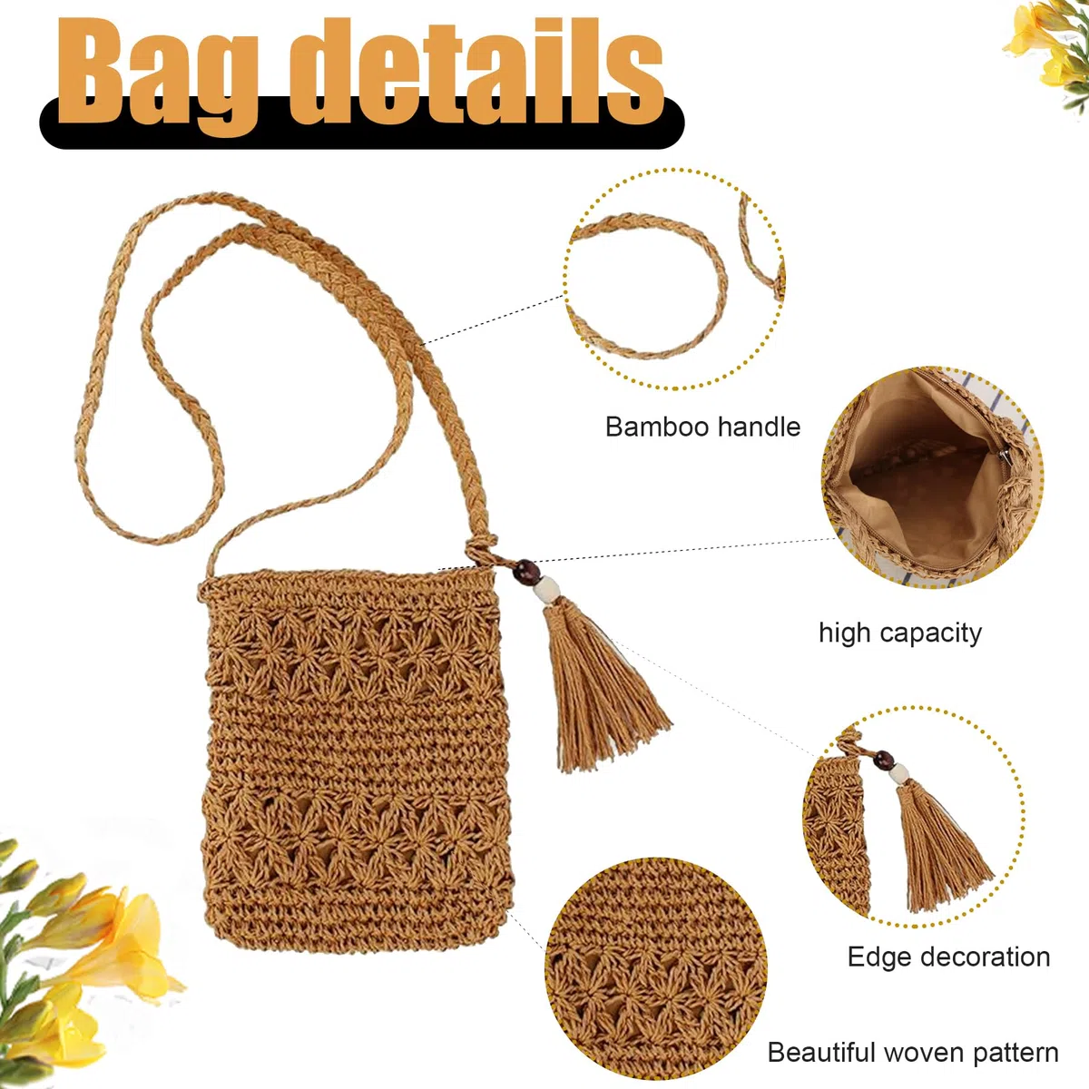 Moda Classica Pochette Donna, Borsa Mare Paglia in Stile BohéMien, Tracolla Retrò con Nappe E Cerniera per Incontri, Gita in Spiaggia (Marrone)