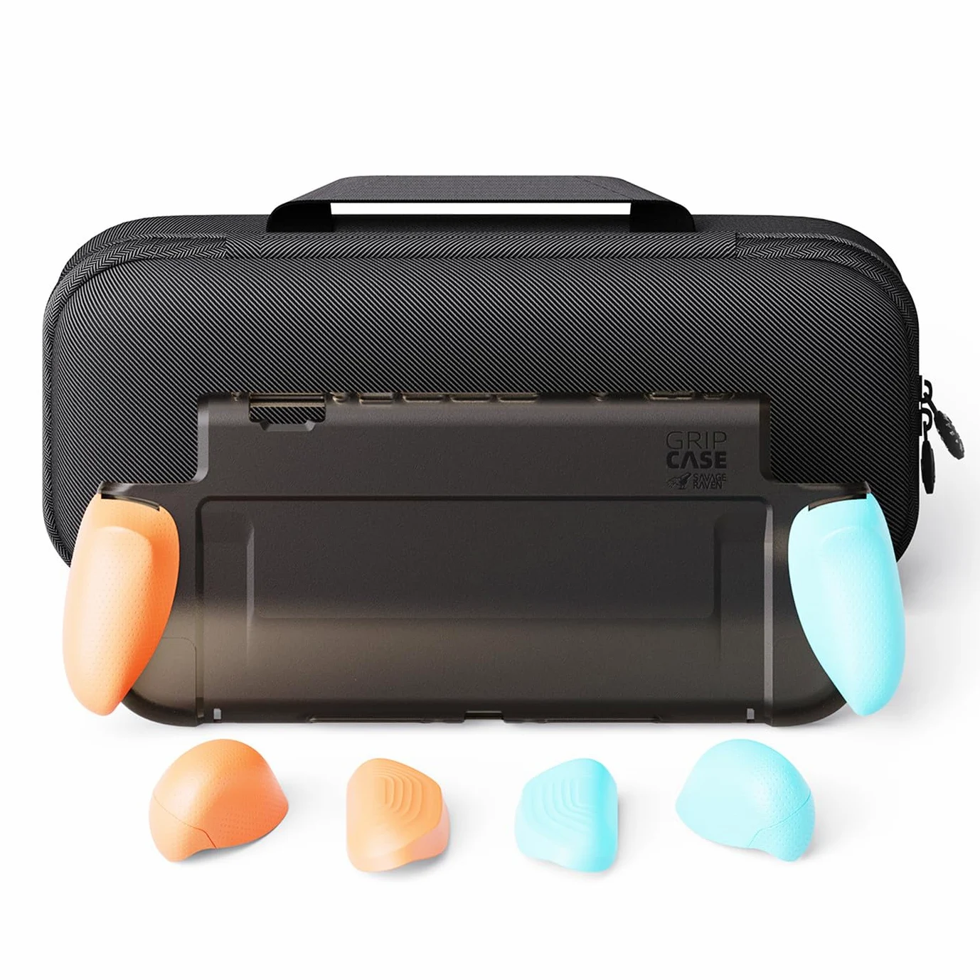 Savage Raven by Skull & Co. GripCase Bundle for Nintendo Switch 2: Dockable Soft Protective Case with Replaceable Grips [to fit all hands sizes], with Hard Shell Huge Carrying Case, Neon Blue & Red