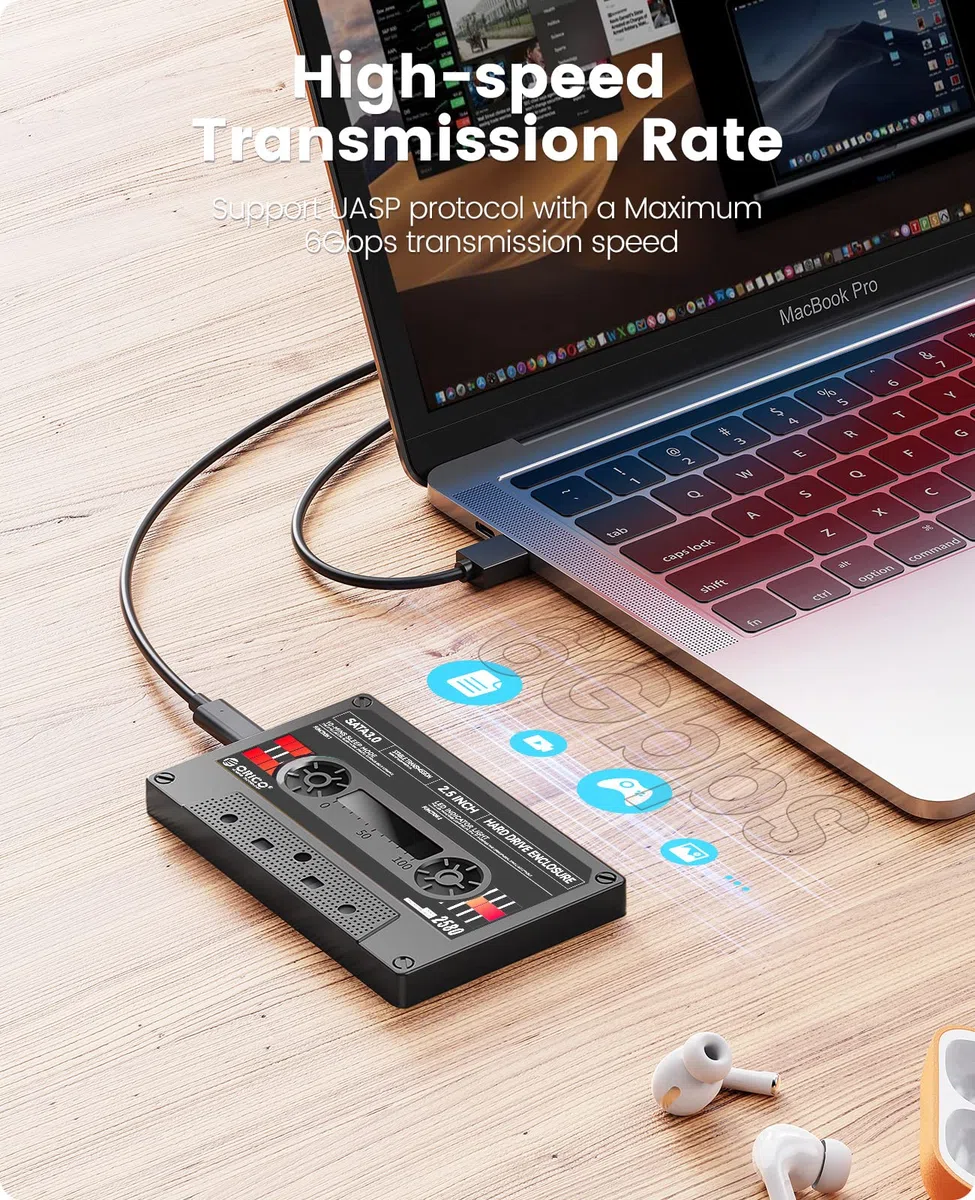 ORICO [Retrò Nastro] Case Hard Disk 2.5 Pollici USB 3.1 Tipo-C a SATA con UASP Custodia Disco Rigido Esterno per 7mm e 9,5 mm HDD SSD Max 6 TB,con Adesivi Fai da Te, Nero (2580C3-V1-BK)