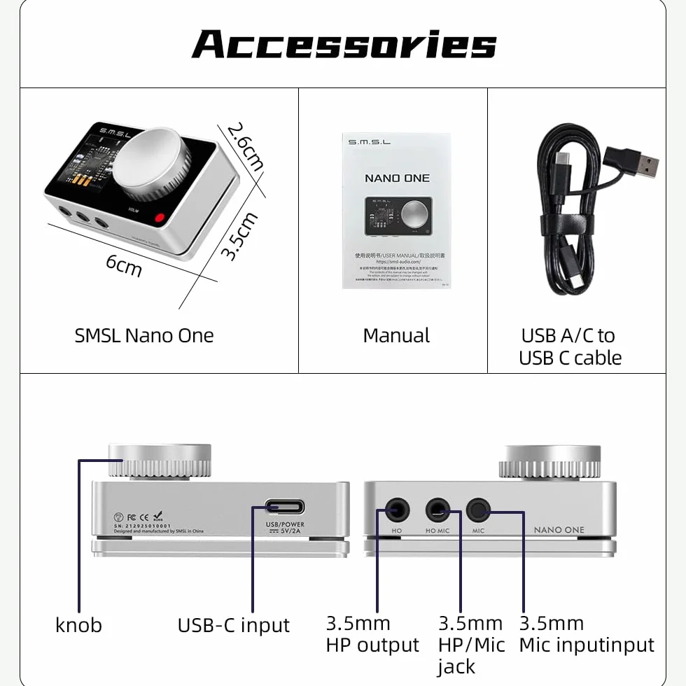 SMSL Nano one, scheda audio esterna da gioco, ingresso microfono/USB, uscita cuffie da 3,5 mm, musica/gioco/virtuale/potenziamento vocale si collega a telefoni/tablet/computer (Nero)