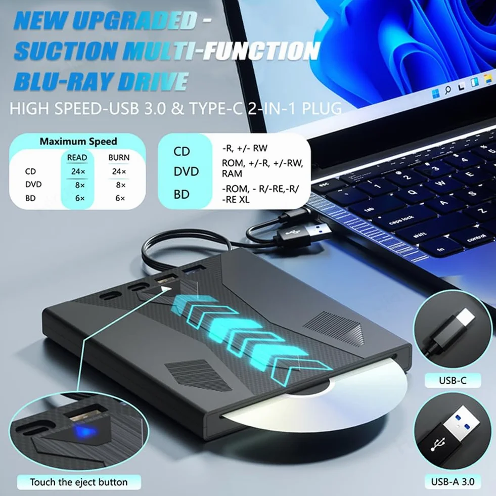Unità Blu Ray esterna ottica Blu Ray Drive Supporto disco 100G USB 3.0 e lettore DVD/CD/BD di tipo C per PC Laptop Desktop Unità Bluray ottica 3D