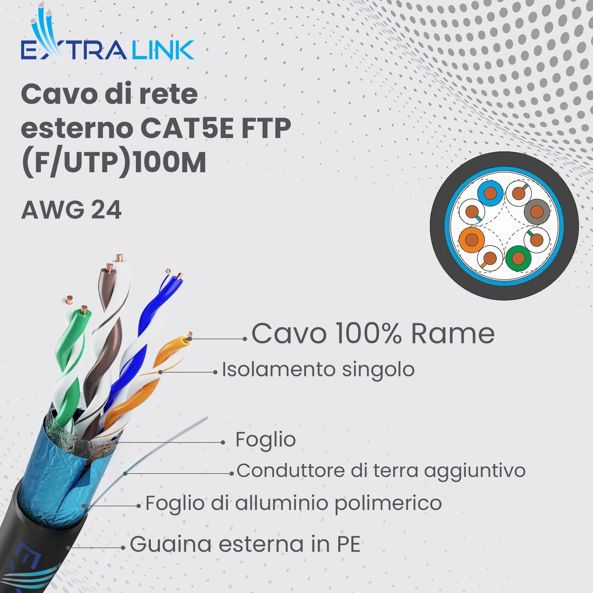 EXTRALINK Cavo Ethernet Esterno 100m CAT5e LAN F/UTP Schermato – 100% Rame Puro, Compatibile PoE, Guaina PE Resistente ai Raggi UV, Impermeabile e Durevole per Esterni
