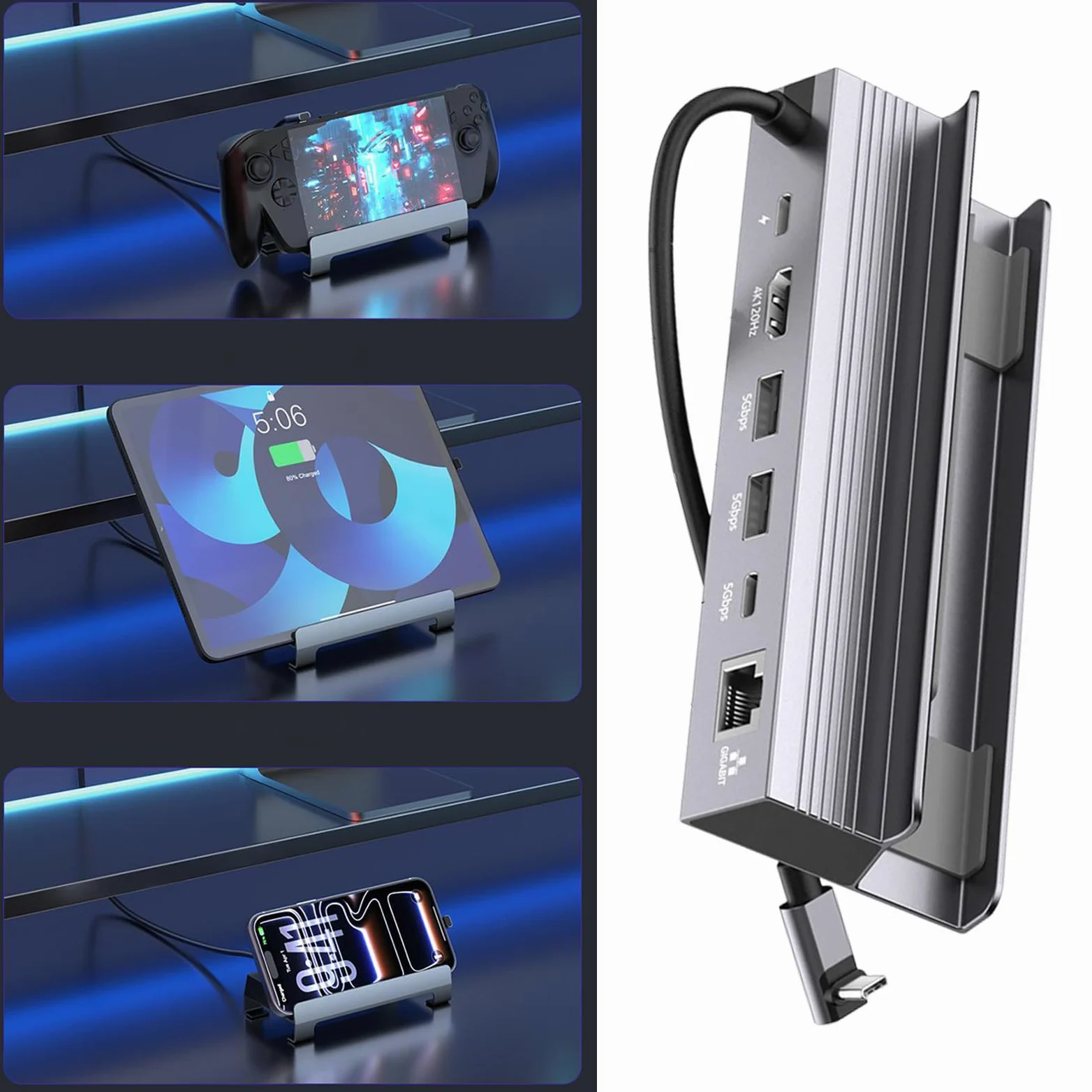 Dock da gioco USB C 6 in 1 con ricarica HDTV 4K 120Hz PD100W, A | Hub USB C portatili 6 in 1 con porta USB da 5 Gbps e ricarica PD100W per workstation da gioco