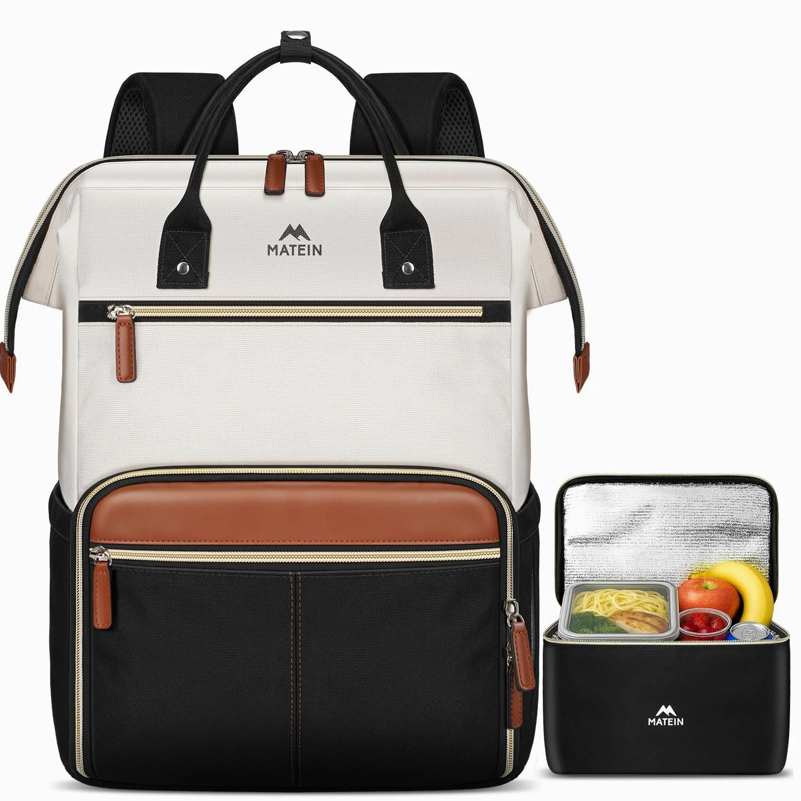 MATEIN Zaino PC 15,6 Pollici con Borsa Termica Porta Pranzo Rimovibile, Zaino Lavoro Donna Antifurto per Insegnanti e Infermiere, Multitasche Zaini da Viaggio Aereo per Ufficio, Università, Beige kaki