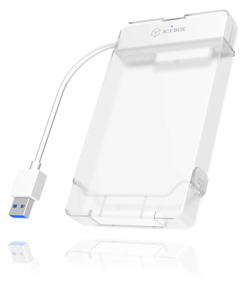 Icy Box IB-AC703-U3 Adattatore da USB 3.0 (UASP) a SATA per 2,5” (6,35 cm) HDD/SSD con Protezione per Adattatore & unità, SATA III, Bianco/Trasparente