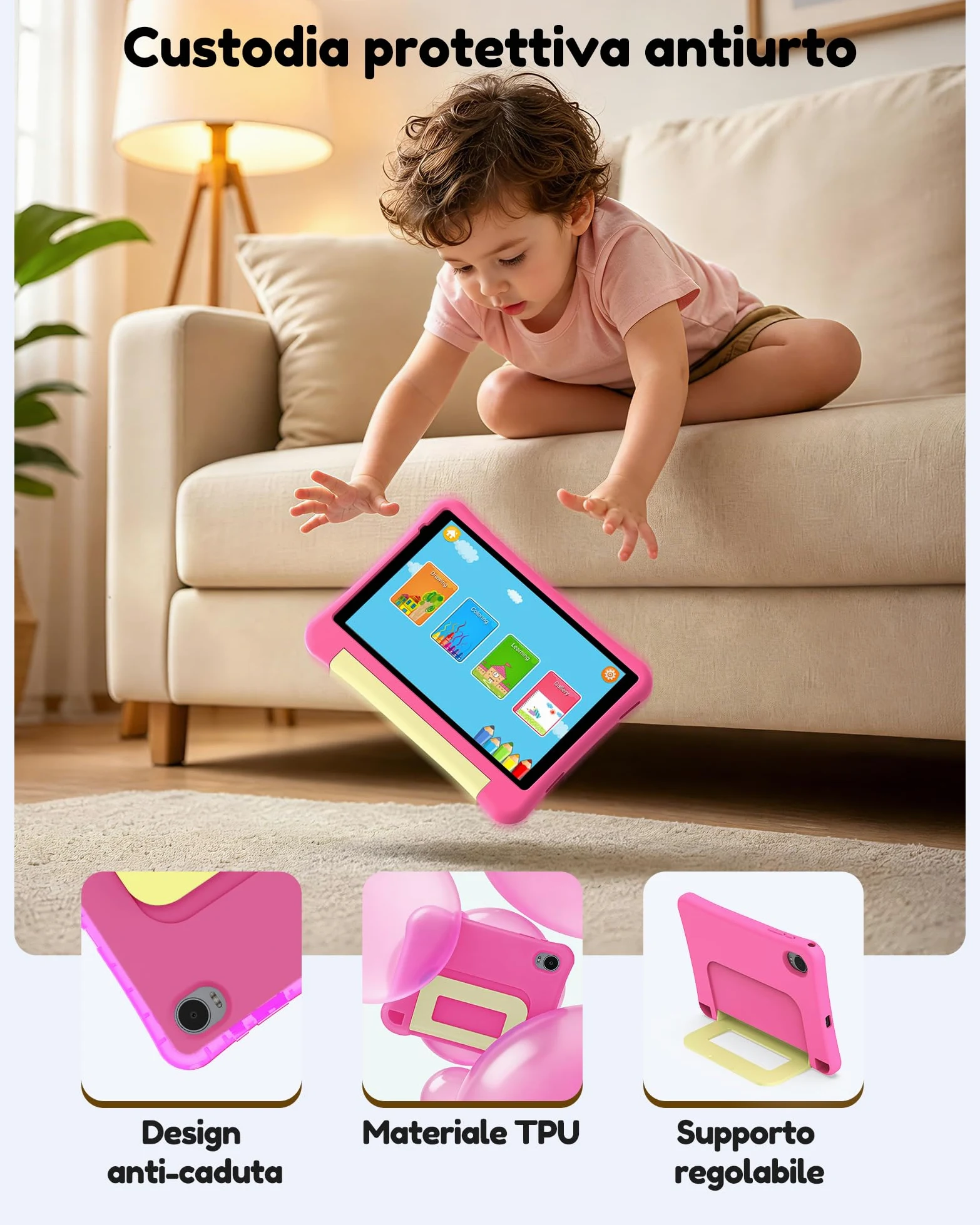 ALLDOCUBE Kido Tablet Per Bambini 8 Pollici, Android 15 Go, 32GB ROM, Rosa | Controllo Parentale, iWaWa preinstallato, 512GB TF, Unisoc T310, 5000mAh, 2 Altoparlanti, Jack 3,5mm, Cover Anticaduta